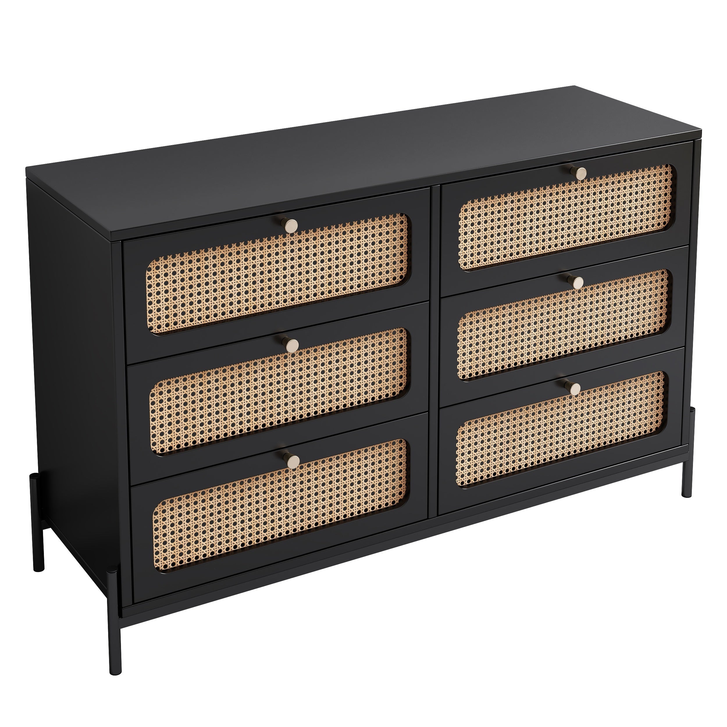 Chic Rattan-Accented 6-Drawer Dresser - Durable Wooden Storage Cabinet with Metal Legs for Bedroom, Living Room, or Entryway