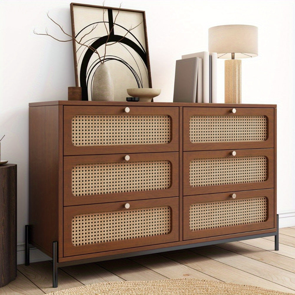 Chic Rattan-Accented 6-Drawer Dresser - Durable Wooden Storage Cabinet with Metal Legs for Bedroom, Living Room, or Entryway