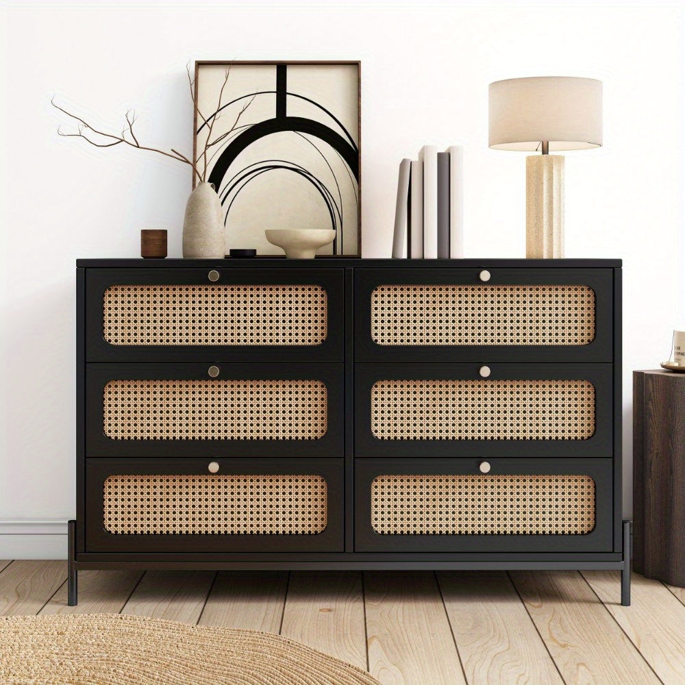 Chic Rattan-Accented 6-Drawer Dresser - Durable Wooden Storage Cabinet with Metal Legs for Bedroom, Living Room, or Entryway