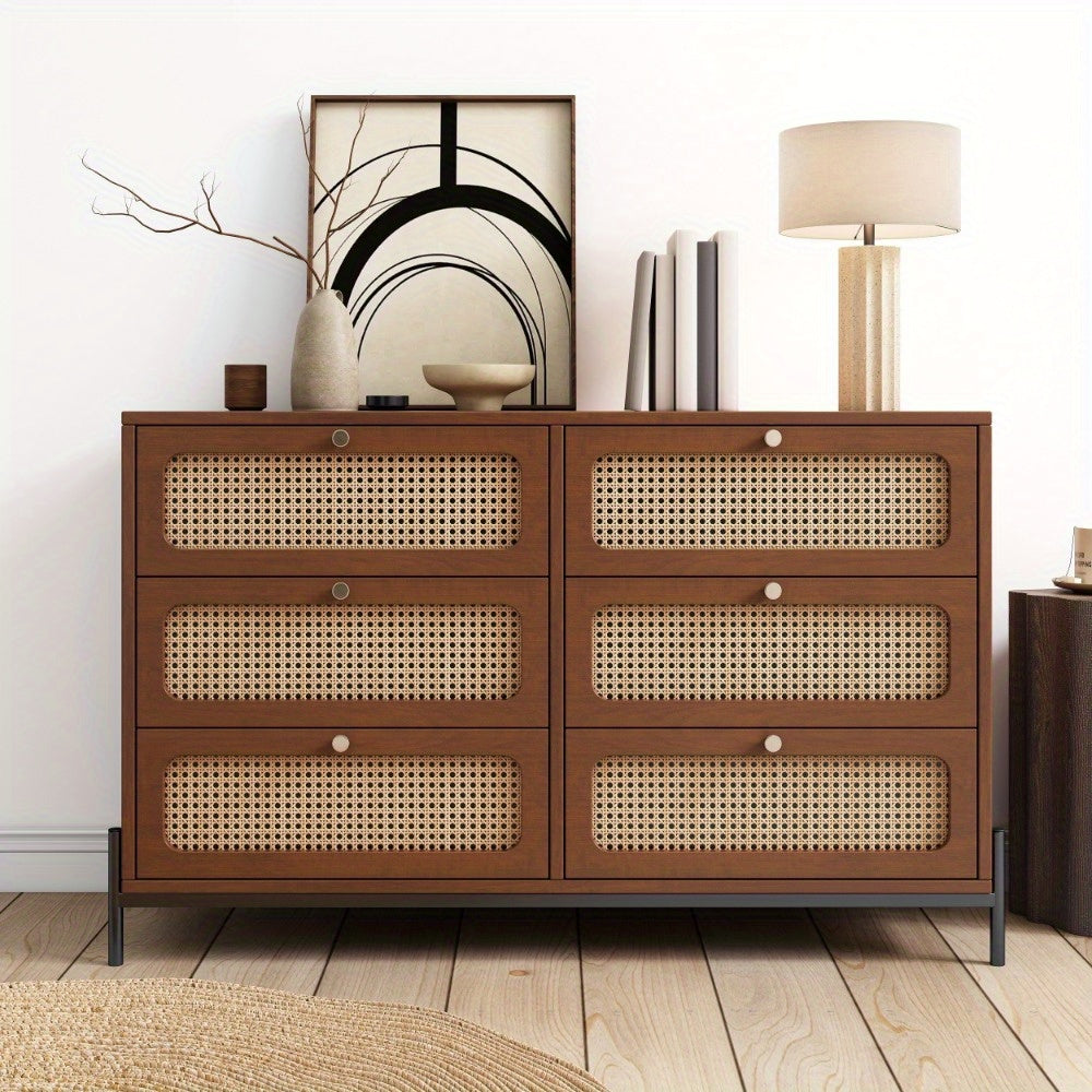 Chic Rattan-Accented 6-Drawer Dresser - Durable Wooden Storage Cabinet with Metal Legs for Bedroom, Living Room, or Entryway