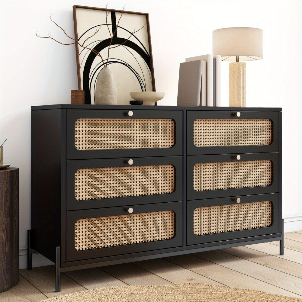 Chic Rattan-Accented 6-Drawer Dresser - Durable Wooden Storage Cabinet with Metal Legs for Bedroom, Living Room, or Entryway