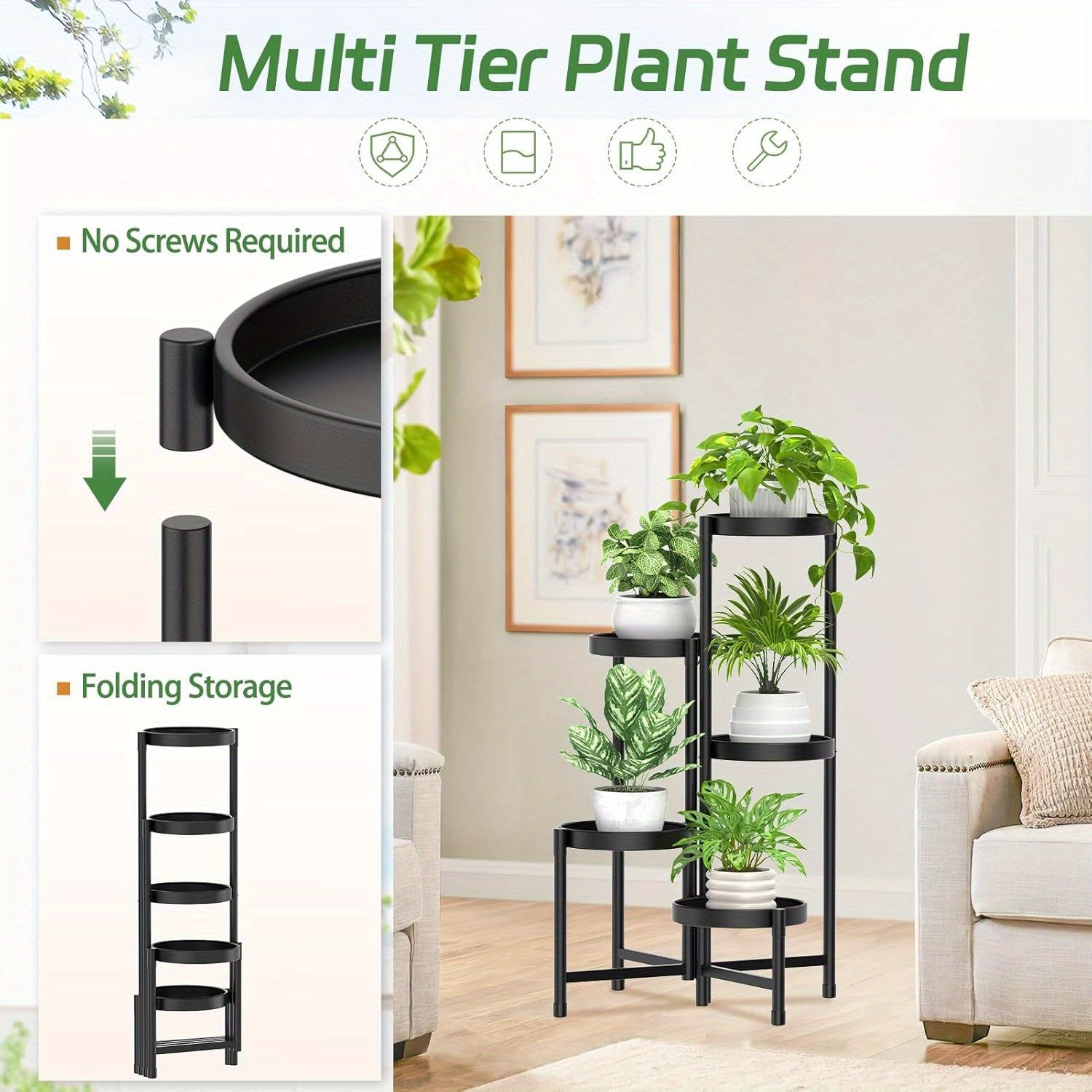 5-Tier Foldable Metal Plant Stand - Space-Saving Corner Display Rack for Multiple Plants, Indoor/Outdoor Use in Living Room, Balcony, Garden & Patio