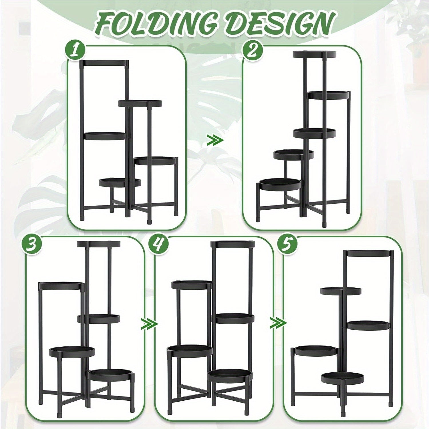 5-Tier Foldable Metal Plant Stand - Space-Saving Corner Display Rack for Multiple Plants, Indoor/Outdoor Use in Living Room, Balcony, Garden & Patio