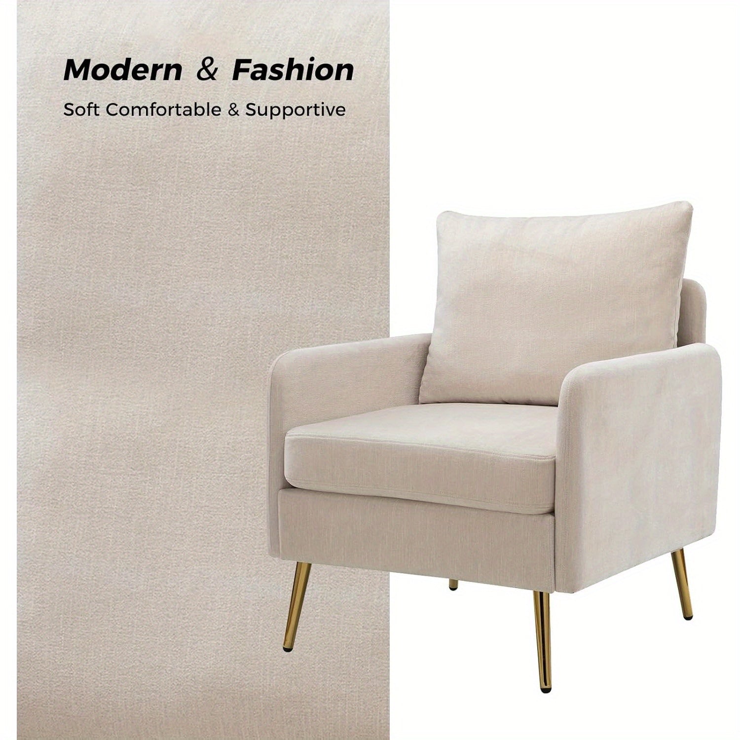 Modern Accent Chair with Golden Metal Legs, Removable Cushion Upholstered Reading Chair (Ivory)