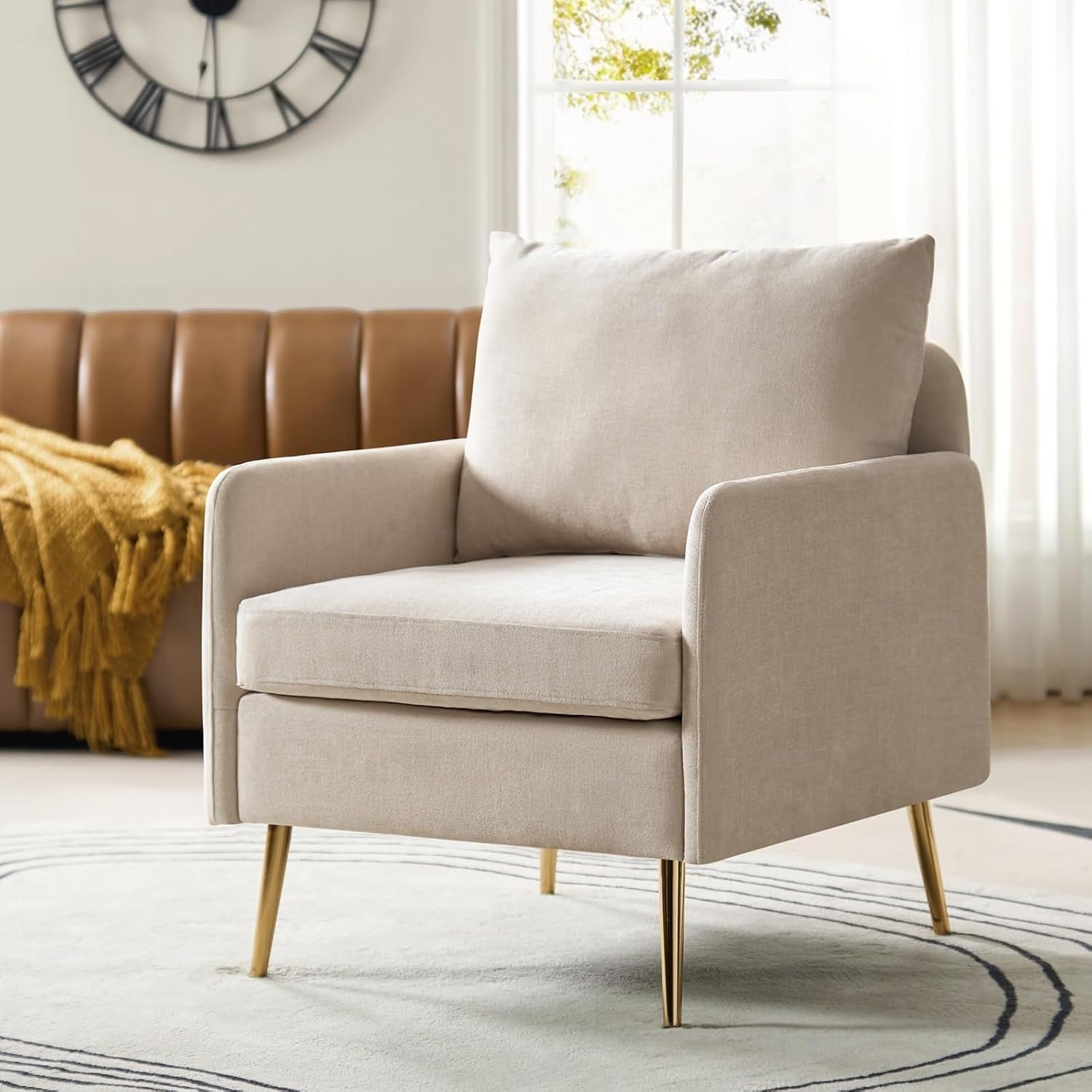 Modern Accent Chair with Golden Metal Legs, Removable Cushion Upholstered Reading Chair (Ivory)