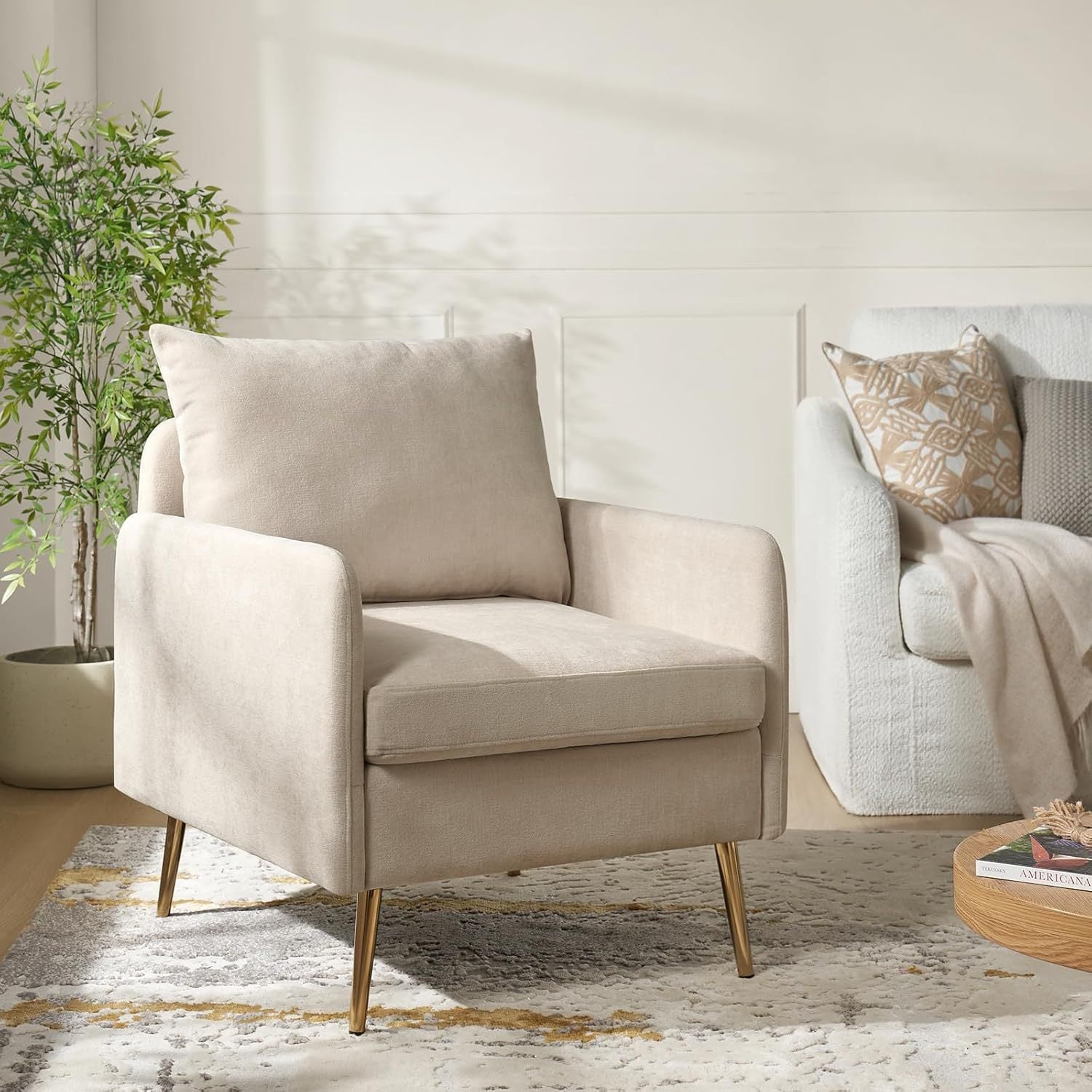 Modern Accent Chair with Golden Metal Legs, Removable Cushion Upholstered Reading Chair (Ivory)