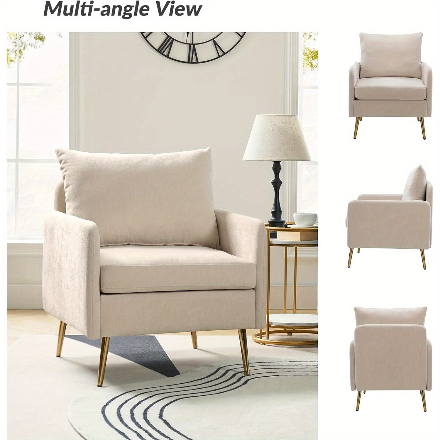 Modern Accent Chair with Golden Metal Legs, Removable Cushion Upholstered Reading Chair (Ivory)