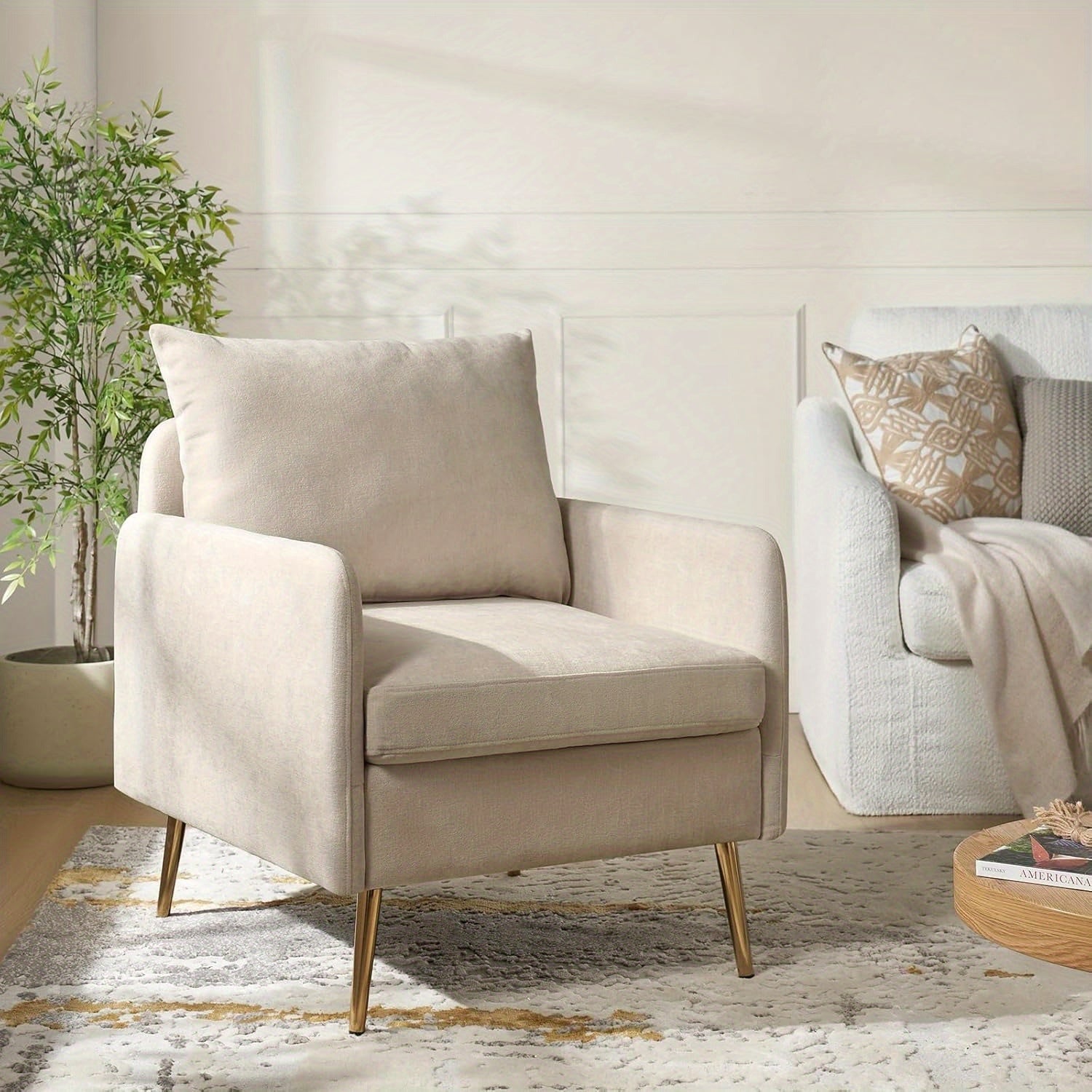 Modern Accent Chair with Golden Metal Legs, Removable Cushion Upholstered Reading Chair (Ivory)