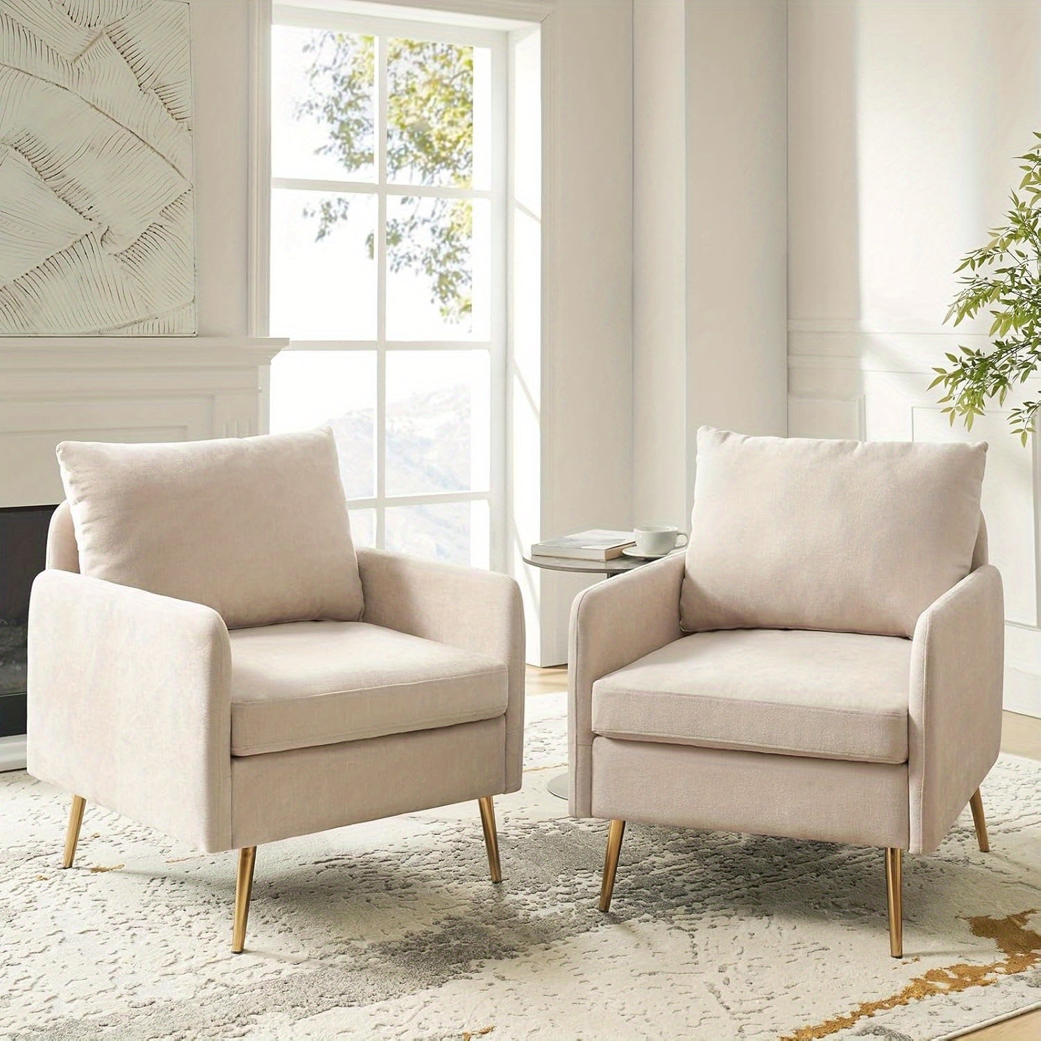 Modern Accent Chair with Golden Metal Legs, Removable Cushion Upholstered Reading Chair (Ivory)