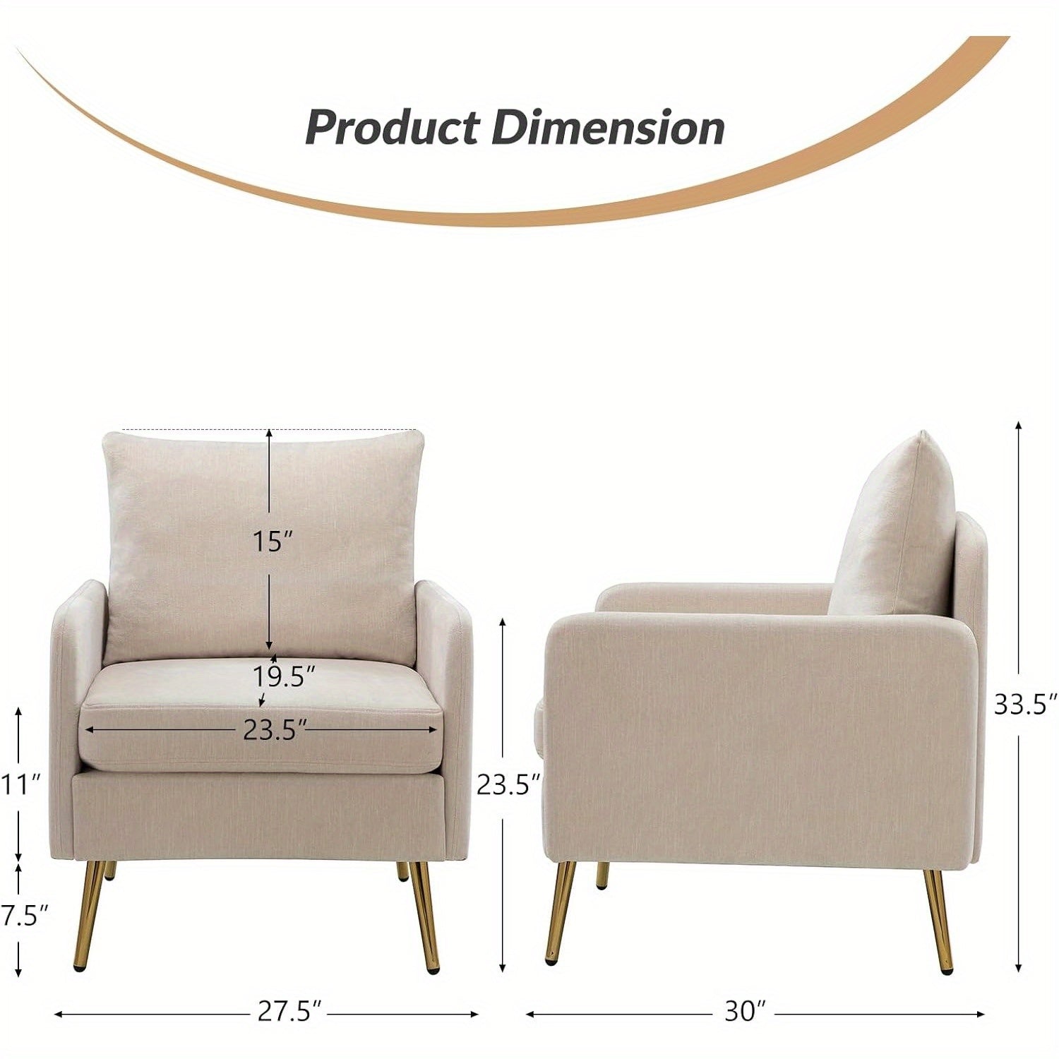 Modern Accent Chair with Golden Metal Legs, Removable Cushion Upholstered Reading Chair (Ivory)