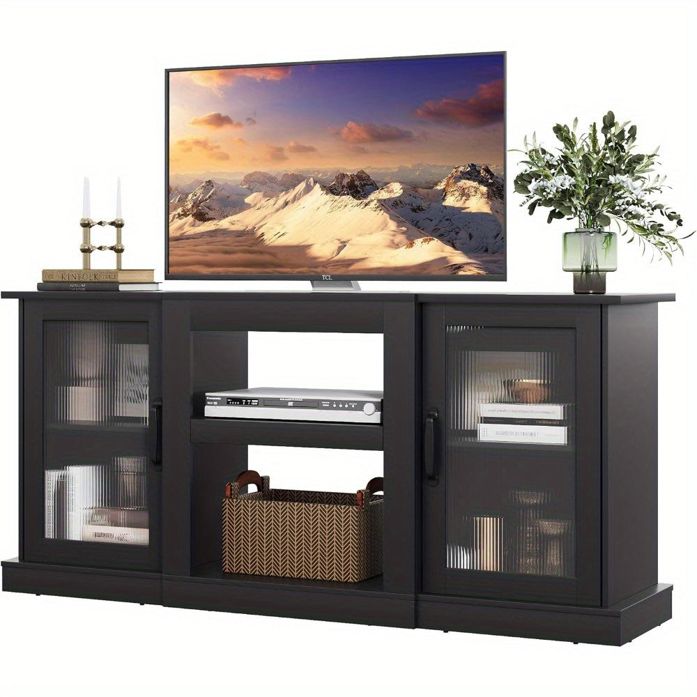 Retro TV Stand for 65 inch TV, TV Console Cabinet with Storage, Open Shelves Entertainment Center for Living Room and Bedroom, Black