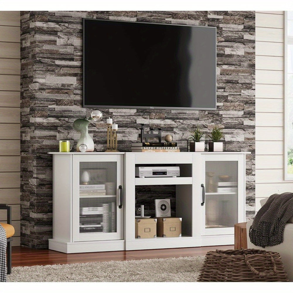 Retro TV Stand for 65 inch TV, TV Console Cabinet with Storage, Open Shelves Entertainment Center for Living Room and Bedroom, White