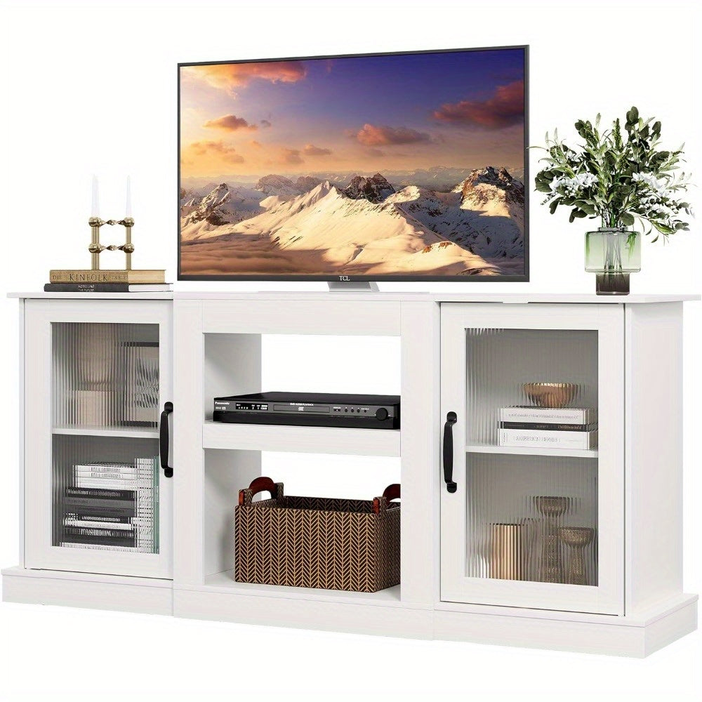 Retro TV Stand for 65 inch TV, TV Console Cabinet with Storage, Open Shelves Entertainment Center for Living Room and Bedroom, White