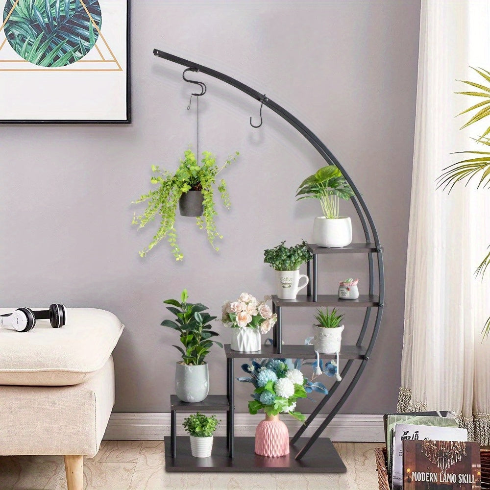 Half Circle Plant Shelf, Metal Flower Stand, 5 Layer, Black