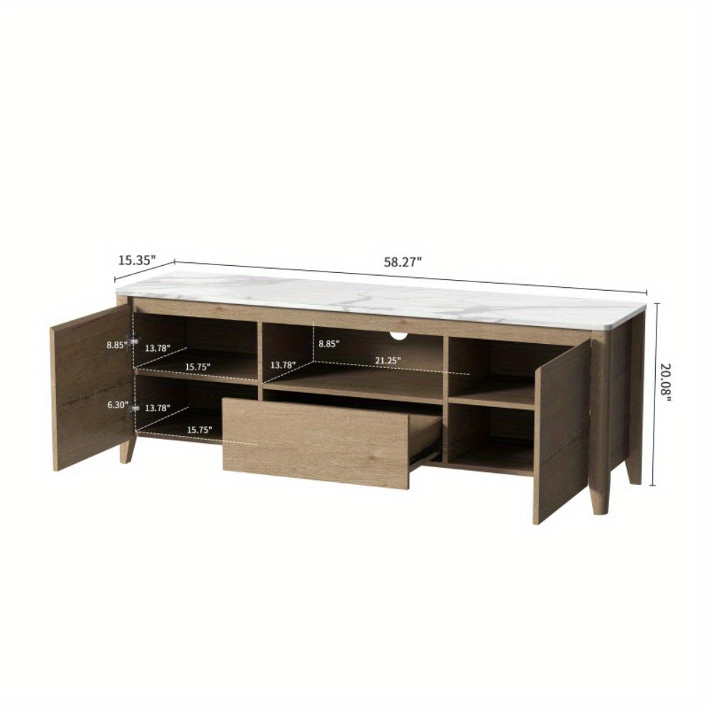 White Marble Top Scandinavian TV Stand Fit for 55/ 60/ 65 inch TVs, TV Entertainment Center 58 inch with Drawer and Cabinets Media Console for Living Room and Bedroom