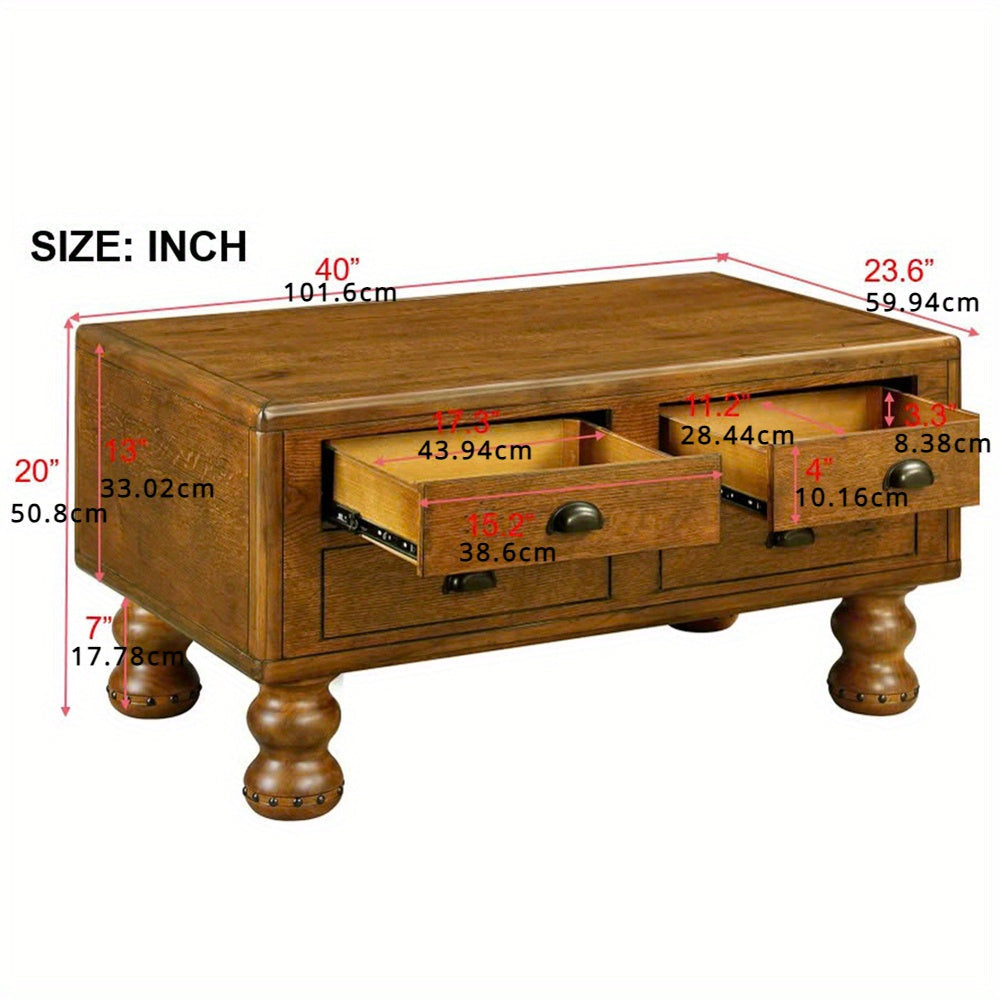 Vintage-Style Rectangular Coffee Table with Storage - Solid Wood, MDF, and Fiberboard Construction - 4 Space-Saving Drawers - Rivet Detailing - No Electricity Required - Hardwood and Cork Materials - Easy Assembly - Espresso