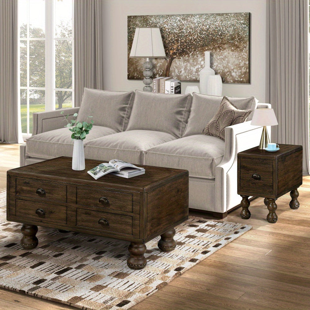 Vintage-Style Rectangular Coffee Table with Storage - Solid Wood MDF and Fiberboard Construction - 4 Space-Saving