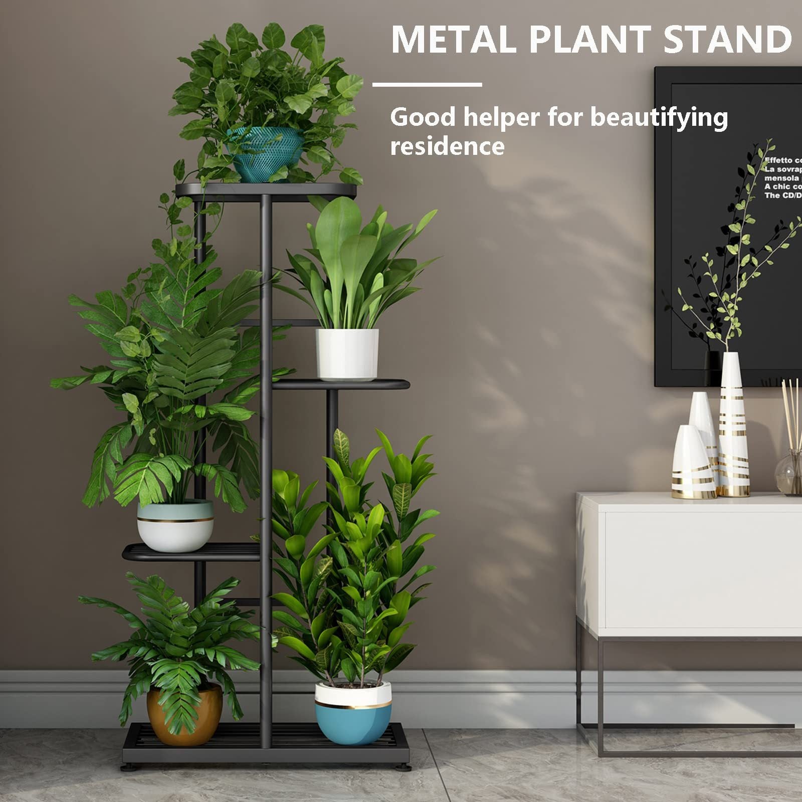 Plant Stand Indoor Outdoor Metal 4 Tier 5 Potted Multiple Flower Pot Holder Shelf Planter Display Shelving Unit for Patio Garden Corner Balcony Living Room