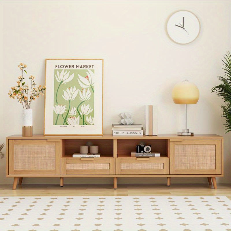 Spacious Modern Farmhouse Rattan TV Stand - Fits TVs up to 85", Solid Wood Legs, Open Shelves & Woven Storage, Ideal for Living Room Entertainment Center