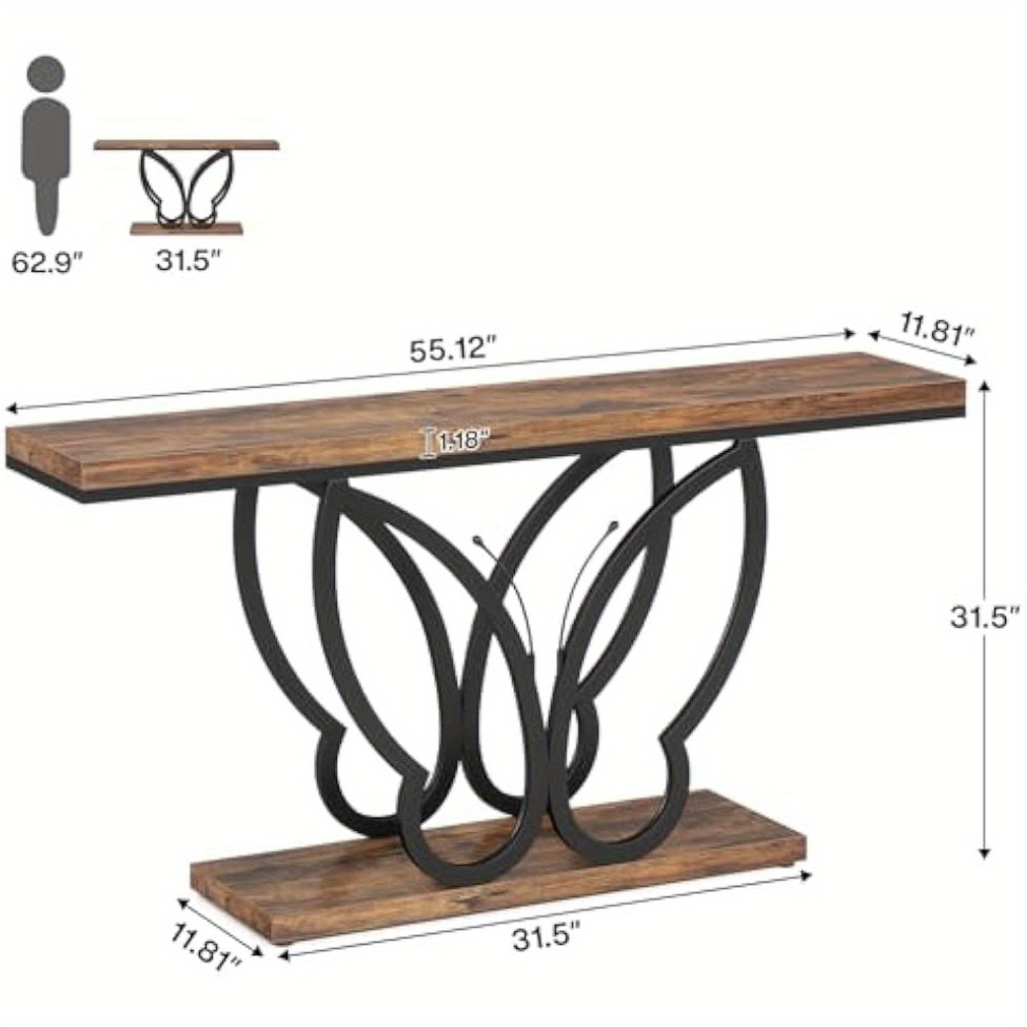 55-Inch Narrow Sofa Table with Butterfly Metal Frame, Long Wooden Console Table Rustic Entryway Table for Hallway Entrance Living Room