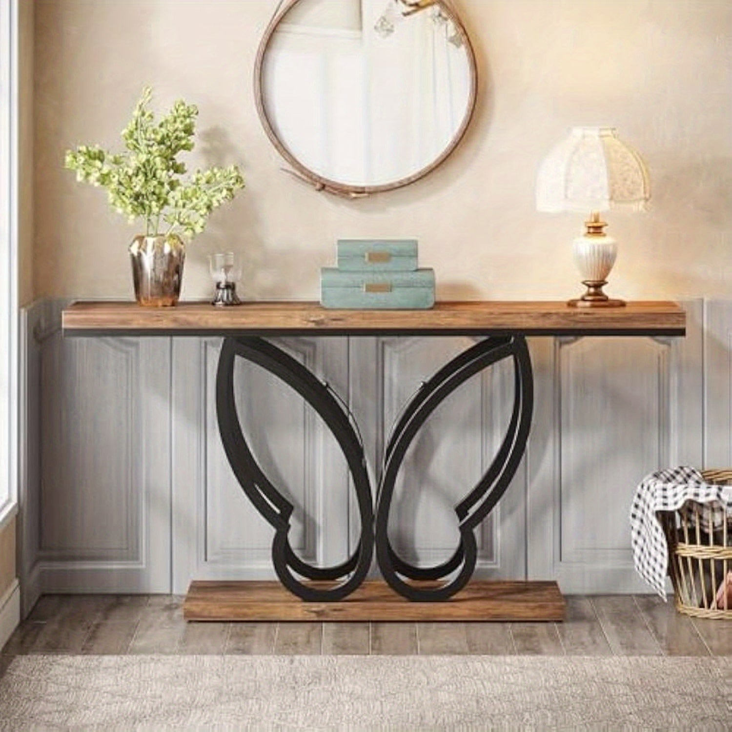 55-Inch Narrow Sofa Table with Butterfly Metal Frame, Long Wooden Console Table Rustic Entryway Table for Hallway Entrance Living Room