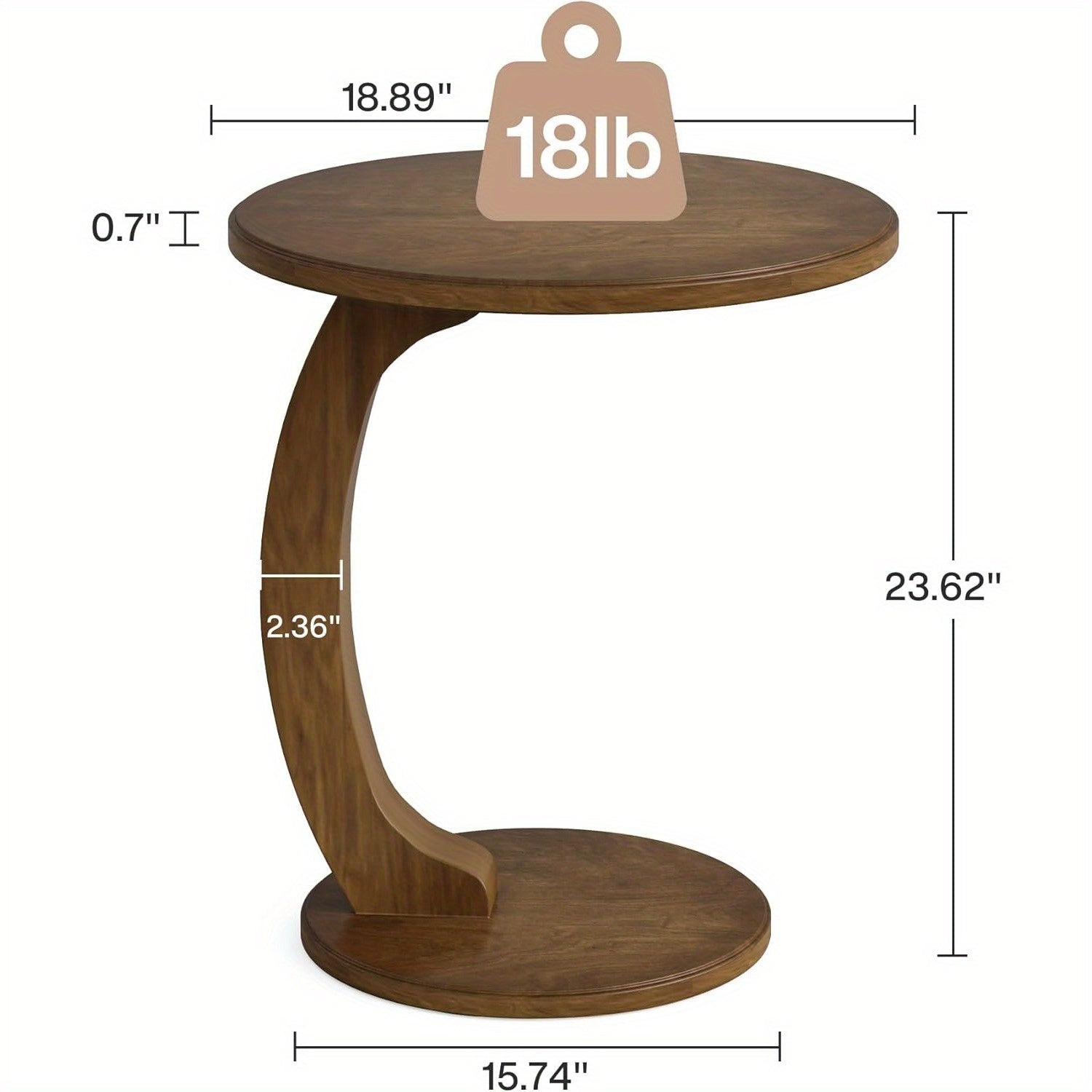 C-Shaped bedside table, Round Wooden End Table, 18.89 Inches Couch Table, Sofa End Table, Side Table for Living Room, Bedroom, Office, Vintage Brown