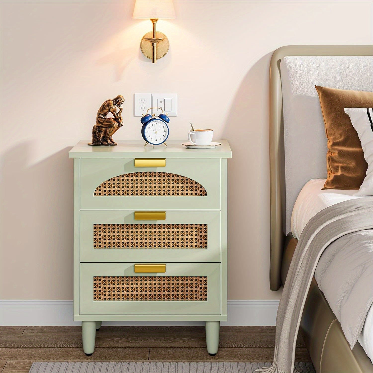 Rattan Nightstand 3-Drawer Farmhouse Night Stand Side Table Accent Bedside Tables End Table for Bedroom and Small