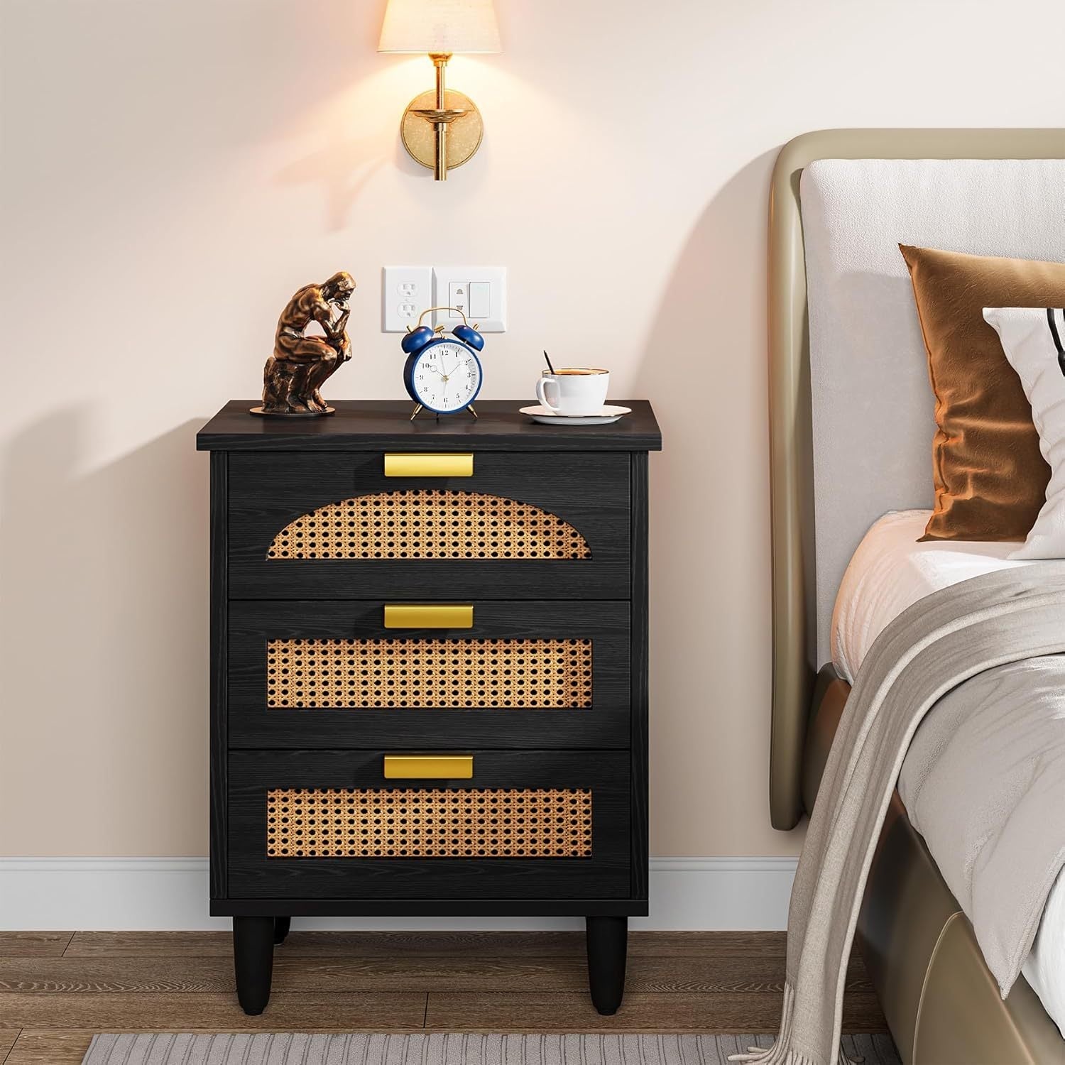 Rattan Nightstand 3-Drawer Farmhouse Night Stand Side Table Accent Bedside Tables End Table for Bedroom and Small