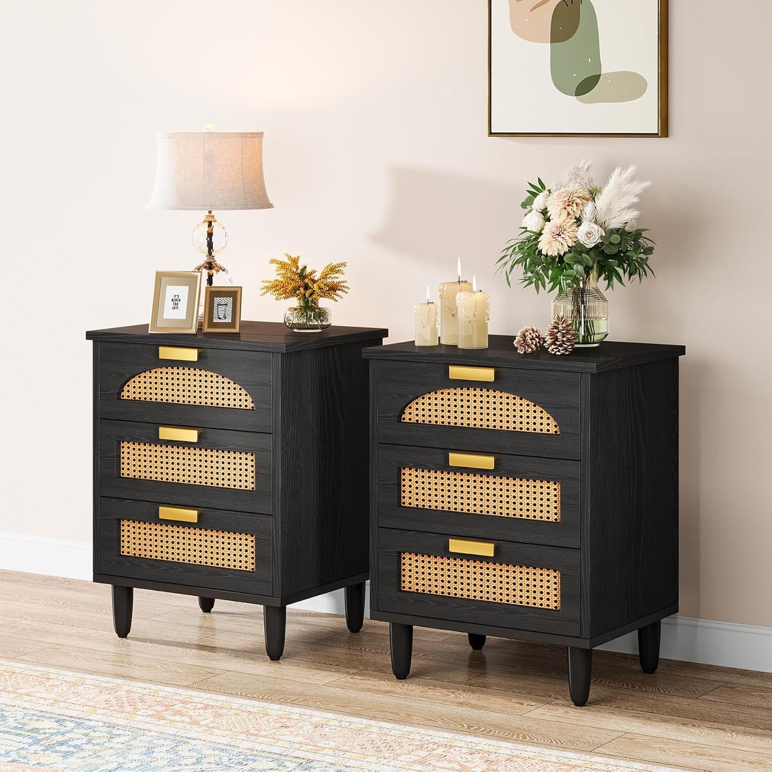 Rattan Nightstand 3-Drawer Farmhouse Night Stand Side Table Accent Bedside Tables End Table for Bedroom and Small