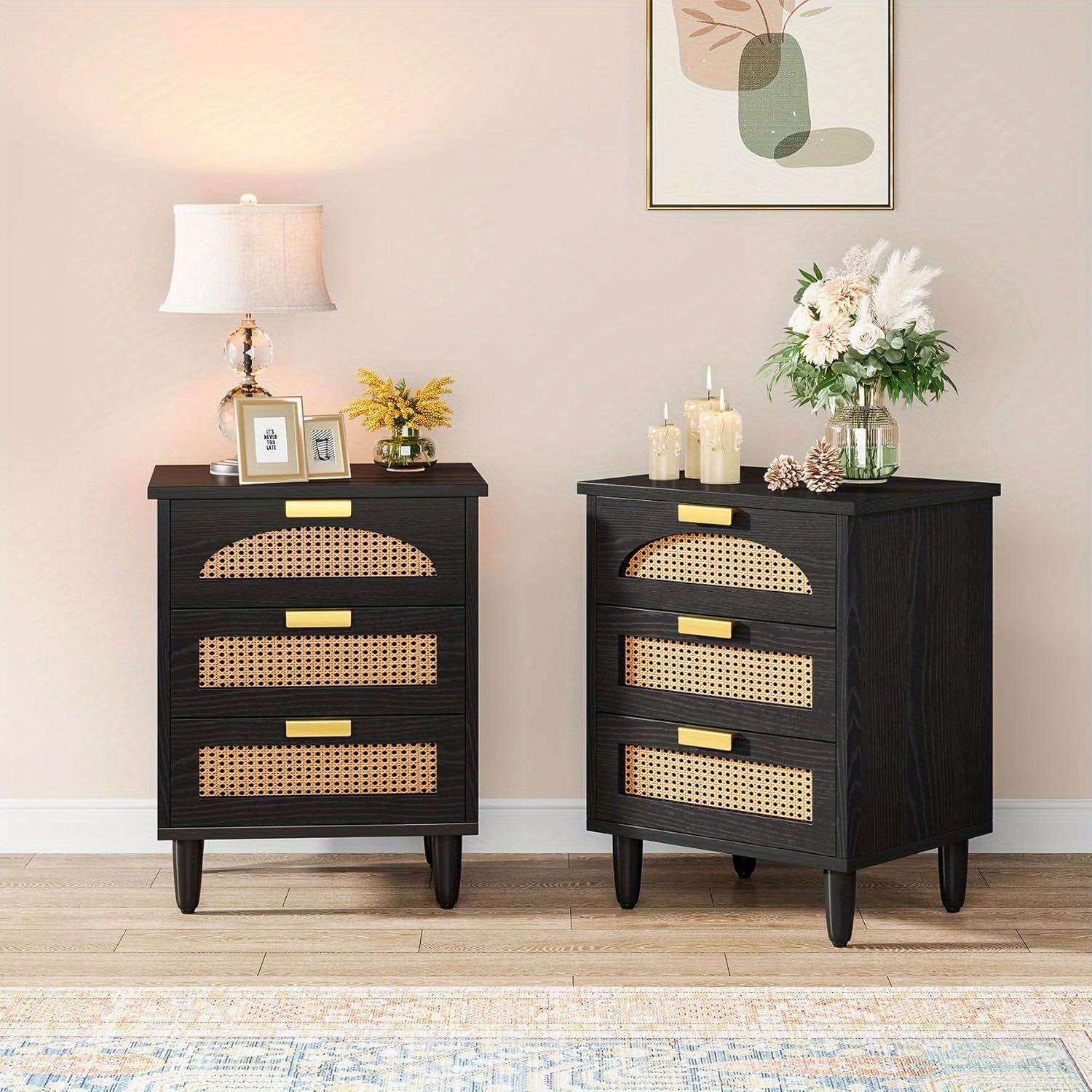 Rattan Nightstand 3-Drawer Farmhouse Night Stand Side Table Accent Bedside Tables End Table for Bedroom and Small