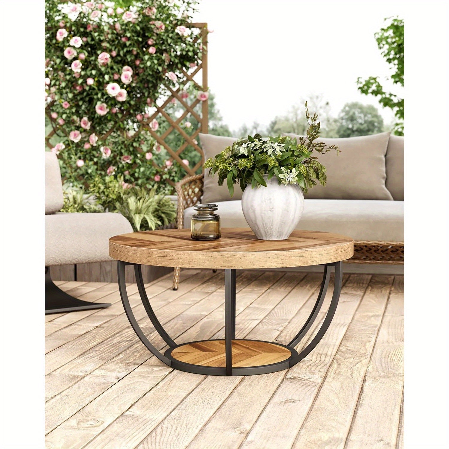 Round Coffee Table 82cm Circle Coffee Table For Living Room 2-Tier Wood Accent Center Table With Open Storage Modern