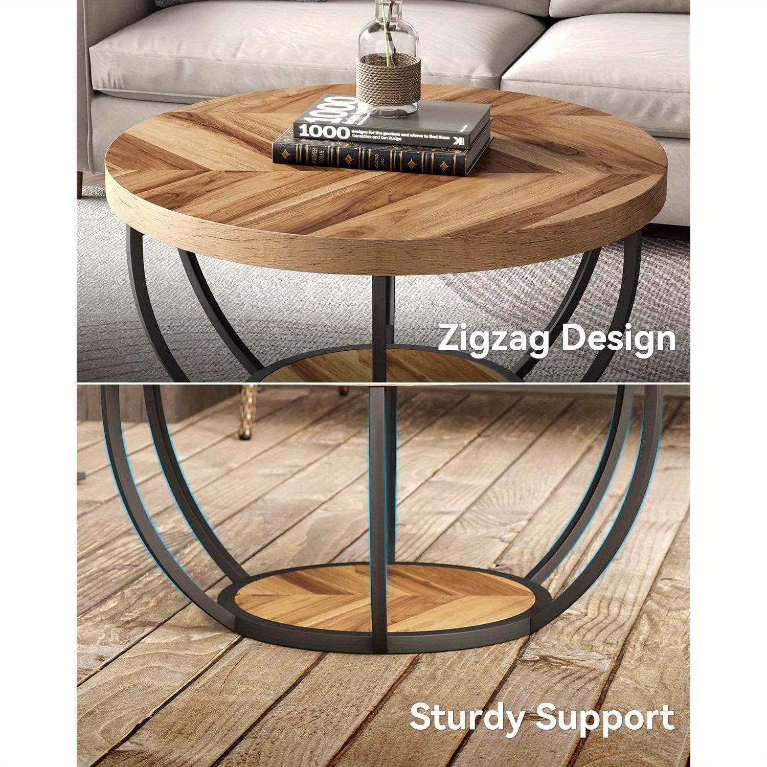 Round Coffee Table 82cm Circle Coffee Table For Living Room 2-Tier Wood Accent Center Table With Open Storage Modern