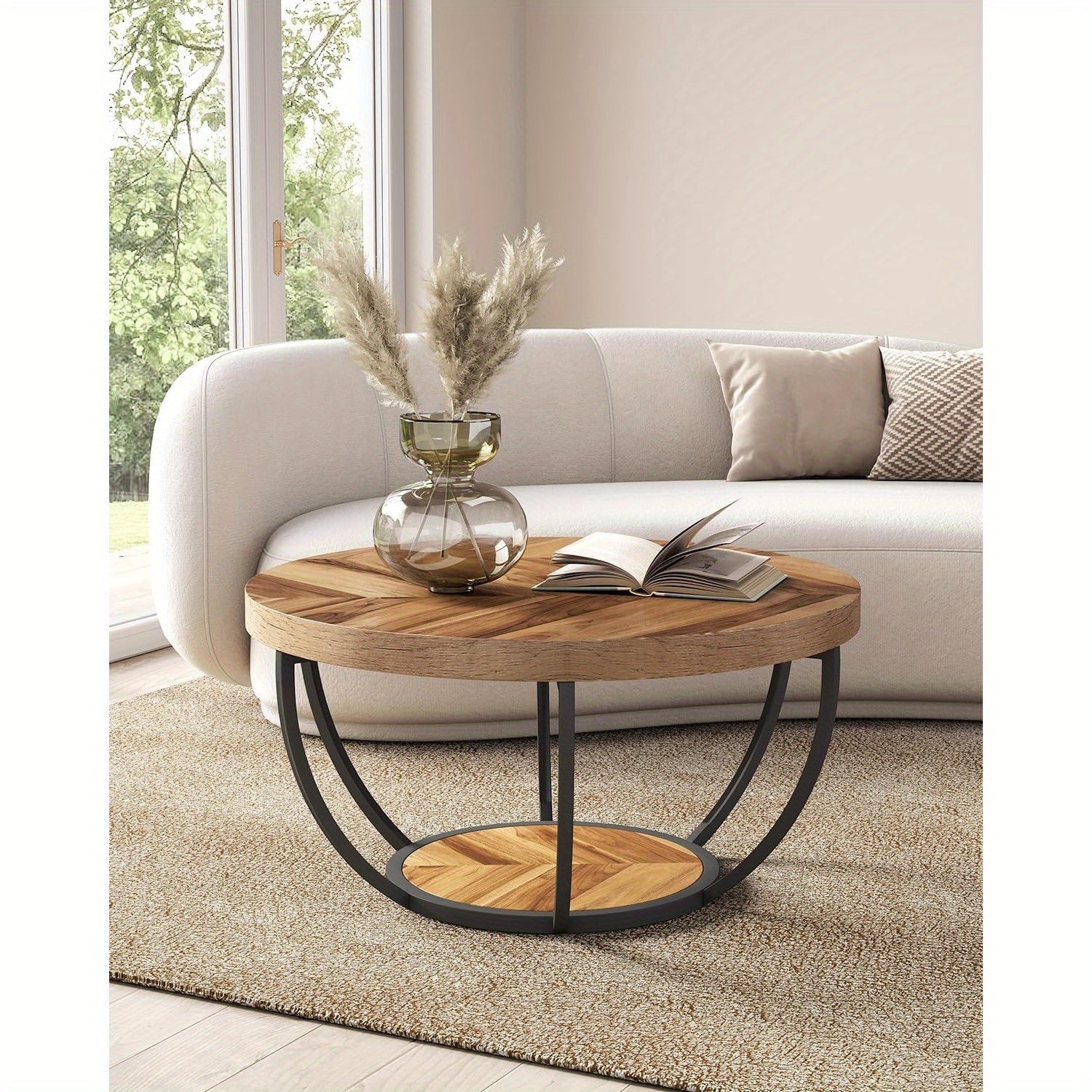 Round Coffee Table 82cm Circle Coffee Table For Living Room 2-Tier Wood Accent Center Table With Open Storage Modern