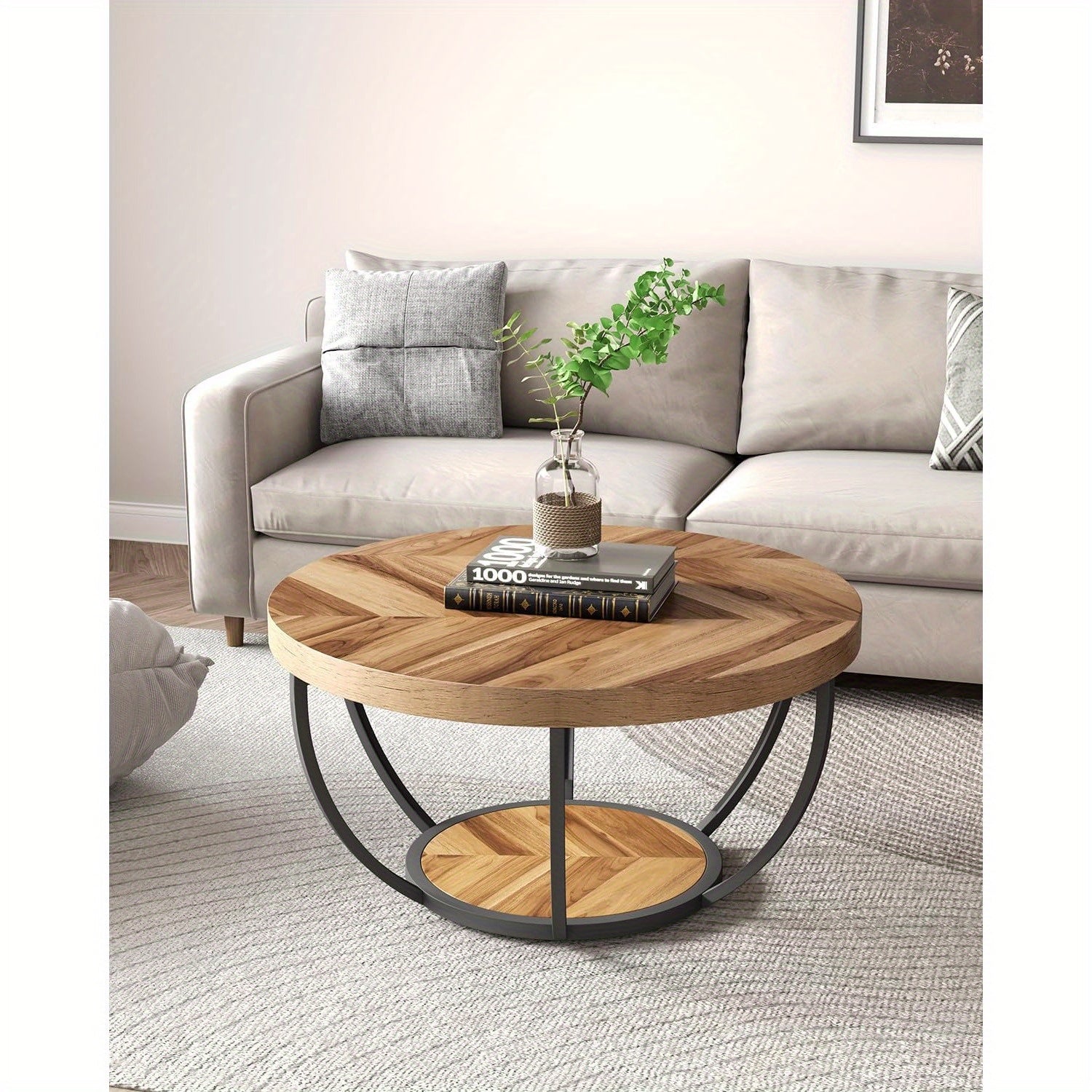 Round Coffee Table 82cm Circle Coffee Table For Living Room 2-Tier Wood Accent Center Table With Open Storage Modern