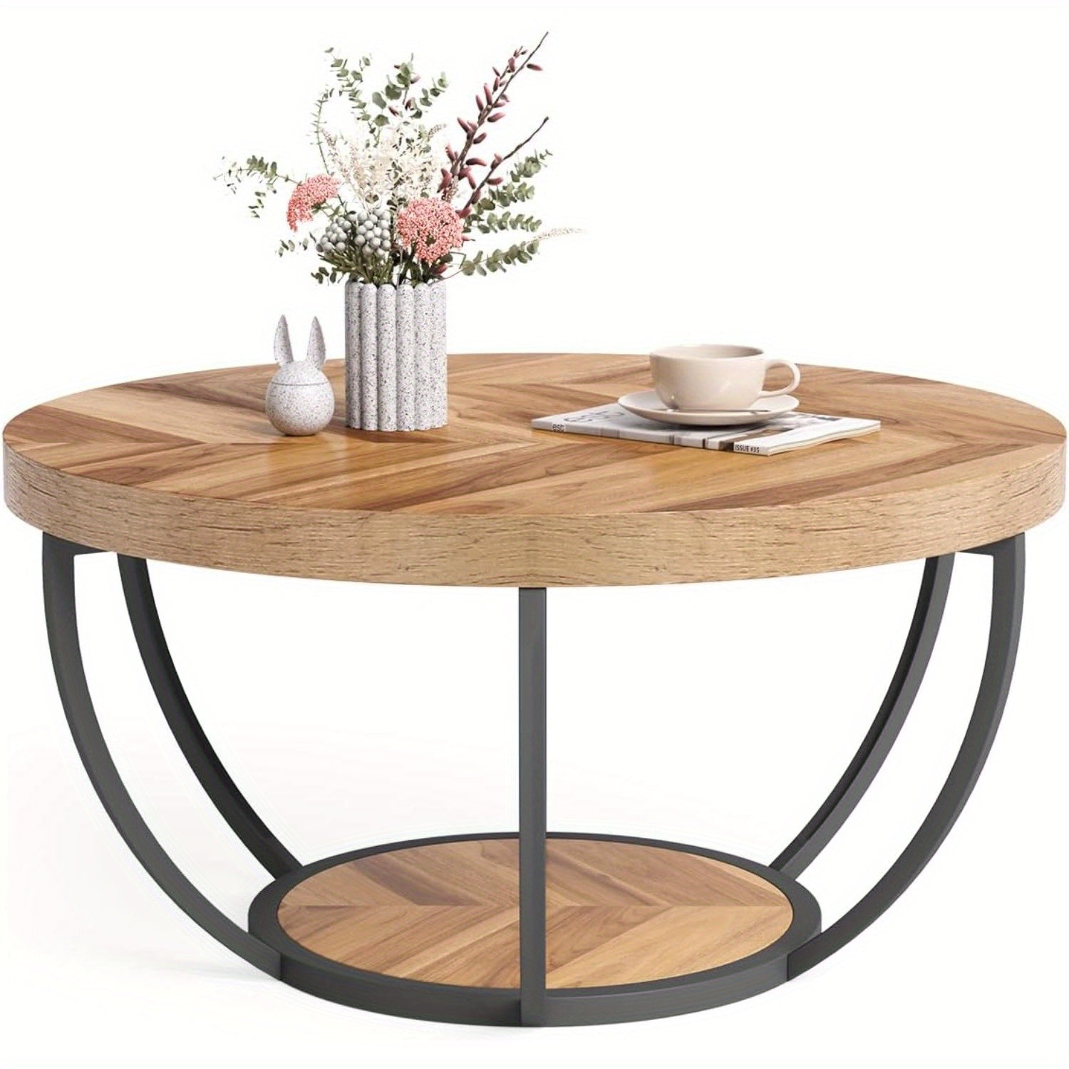 Round Coffee Table 82cm Circle Coffee Table For Living Room 2-Tier Wood Accent Center Table With Open Storage Modern