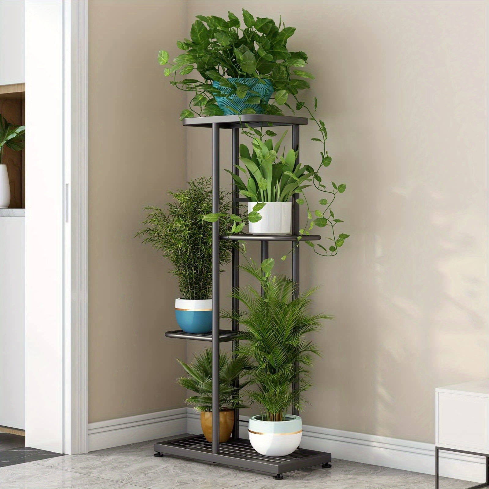 Plant Stand Indoor Outdoor Metal 4 Tier 5 Potted Multiple Flower Pot Holder Shelf Planter Display Shelving Unit for Patio Garden Corner Balcony Living Room