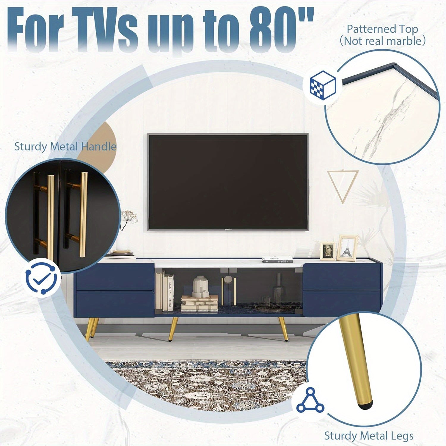 Modern TV Stand for Televisions up to 80 Inches, Entertainment Center with Storage Drawers and Glass Door Cabinet, Marble-patterned Top Media Console Table &amp; Metal Legs for Living Room, Blue