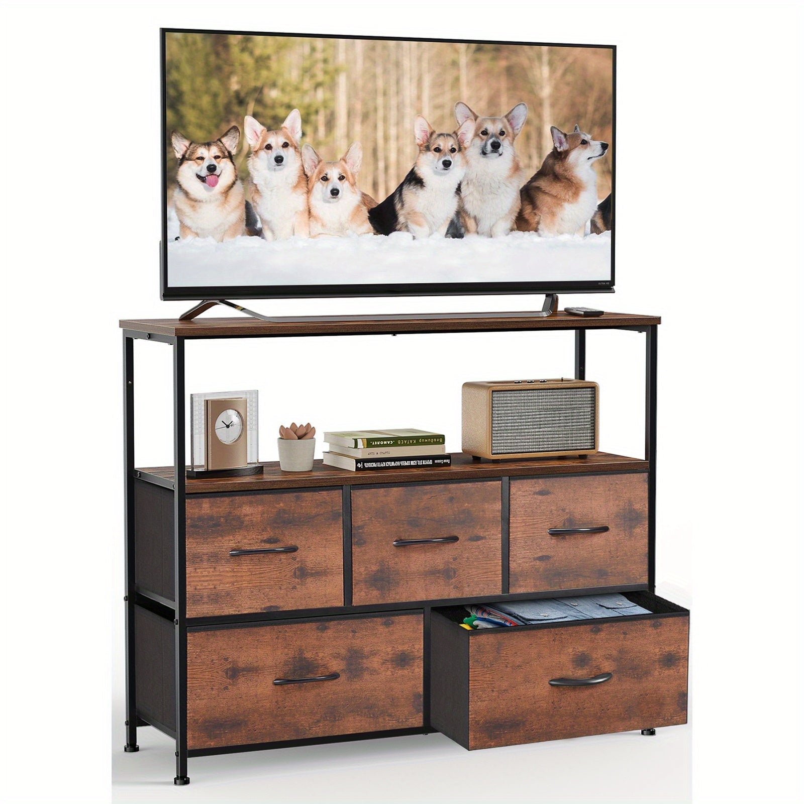 5 Drawer Cabinet Tower, 2 Modes, TV Stand For Bedroom, TV Dresser For 45 Inches, Media Console Table, Entertainment Center With 5 Fabric Drawers Cabinet And Open Storage Shelf Other (Furniture) Cabinet For Living Room, Hallwa