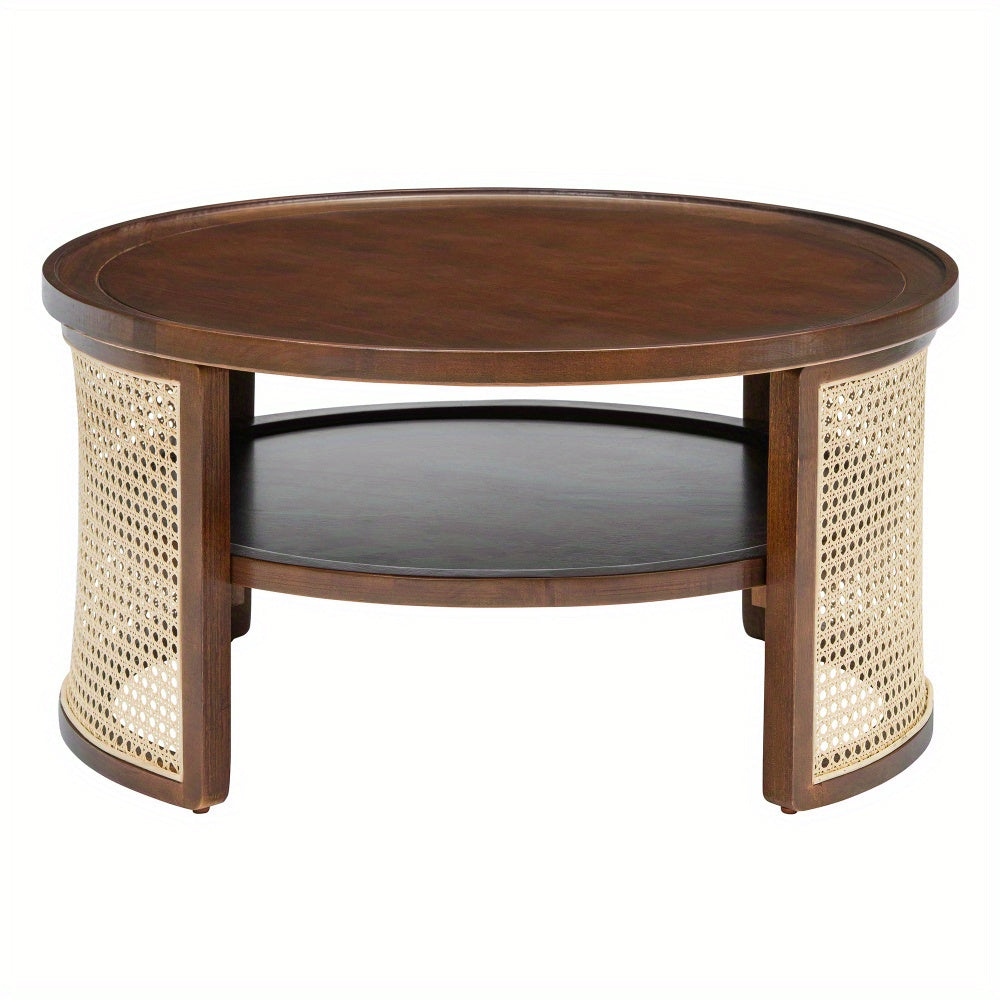 Walnut Color 2-Tiered Round Walnut Wood Coffee Table with Storage Rattan Base