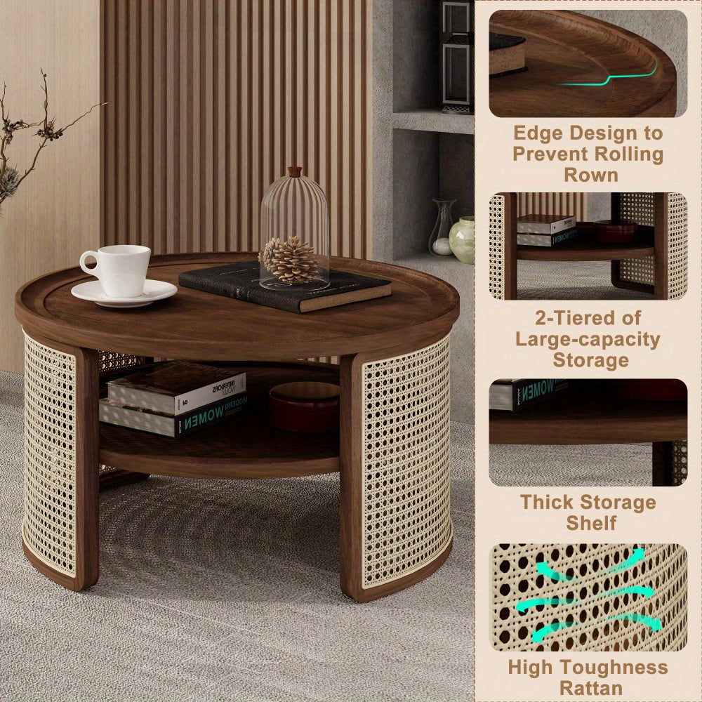 Walnut Color 2-Tiered Round Walnut Wood Coffee Table with Storage Rattan Base