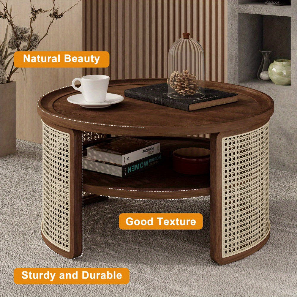 Walnut Color 2-Tiered Round Walnut Wood Coffee Table with Storage Rattan Base