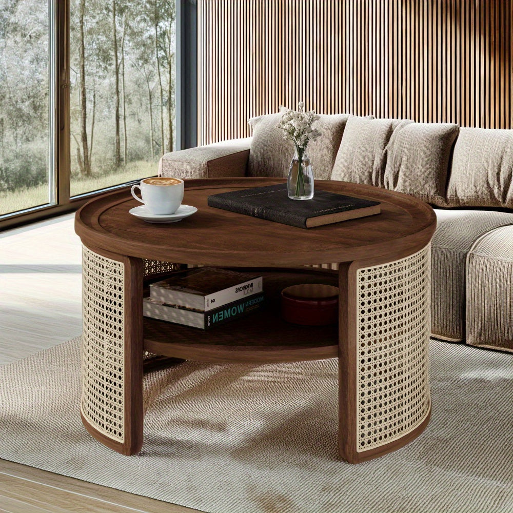 Walnut Color 2-Tiered Round Walnut Wood Coffee Table with Storage Rattan Base