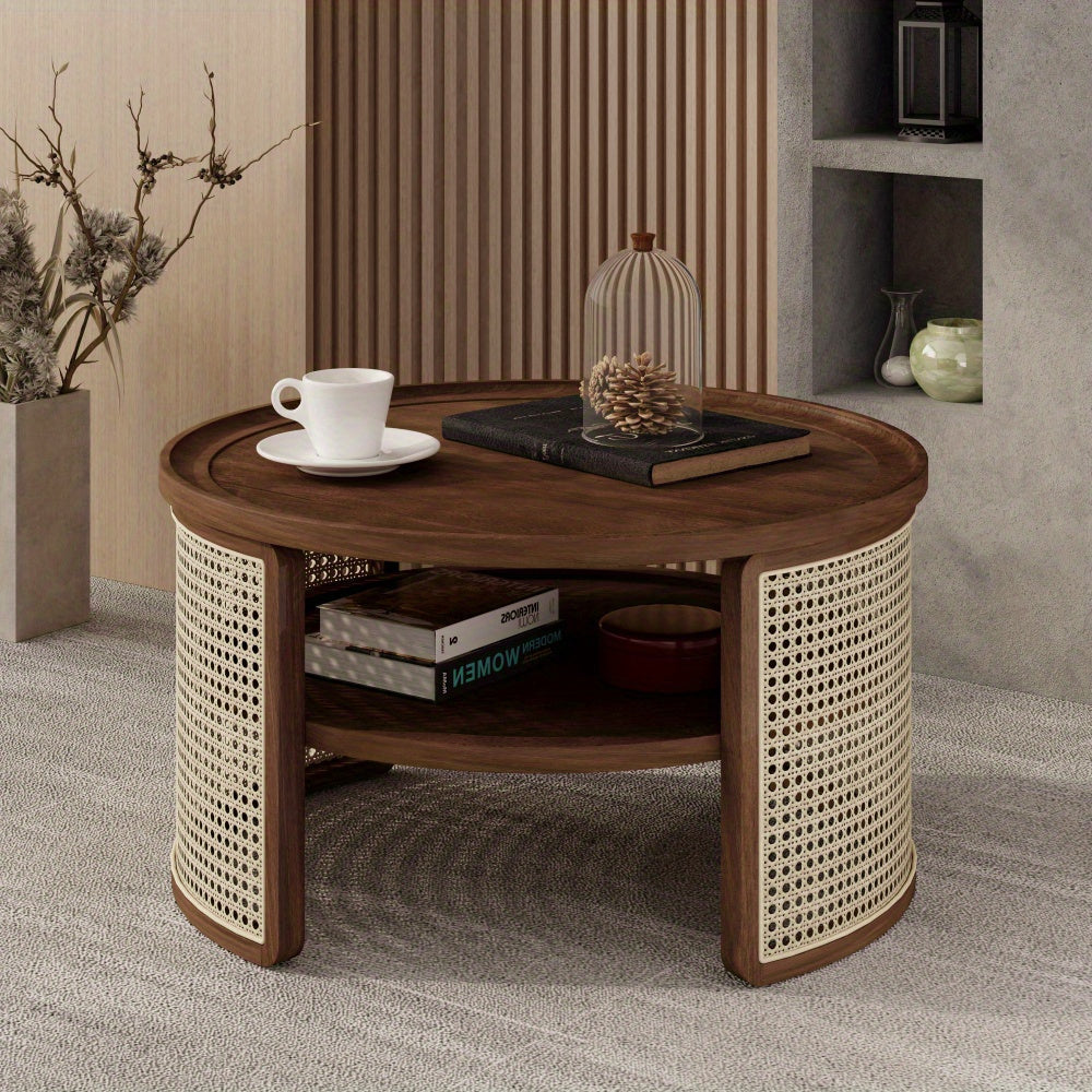 Walnut Color 2-Tiered Round Walnut Wood Coffee Table with Storage Rattan Base