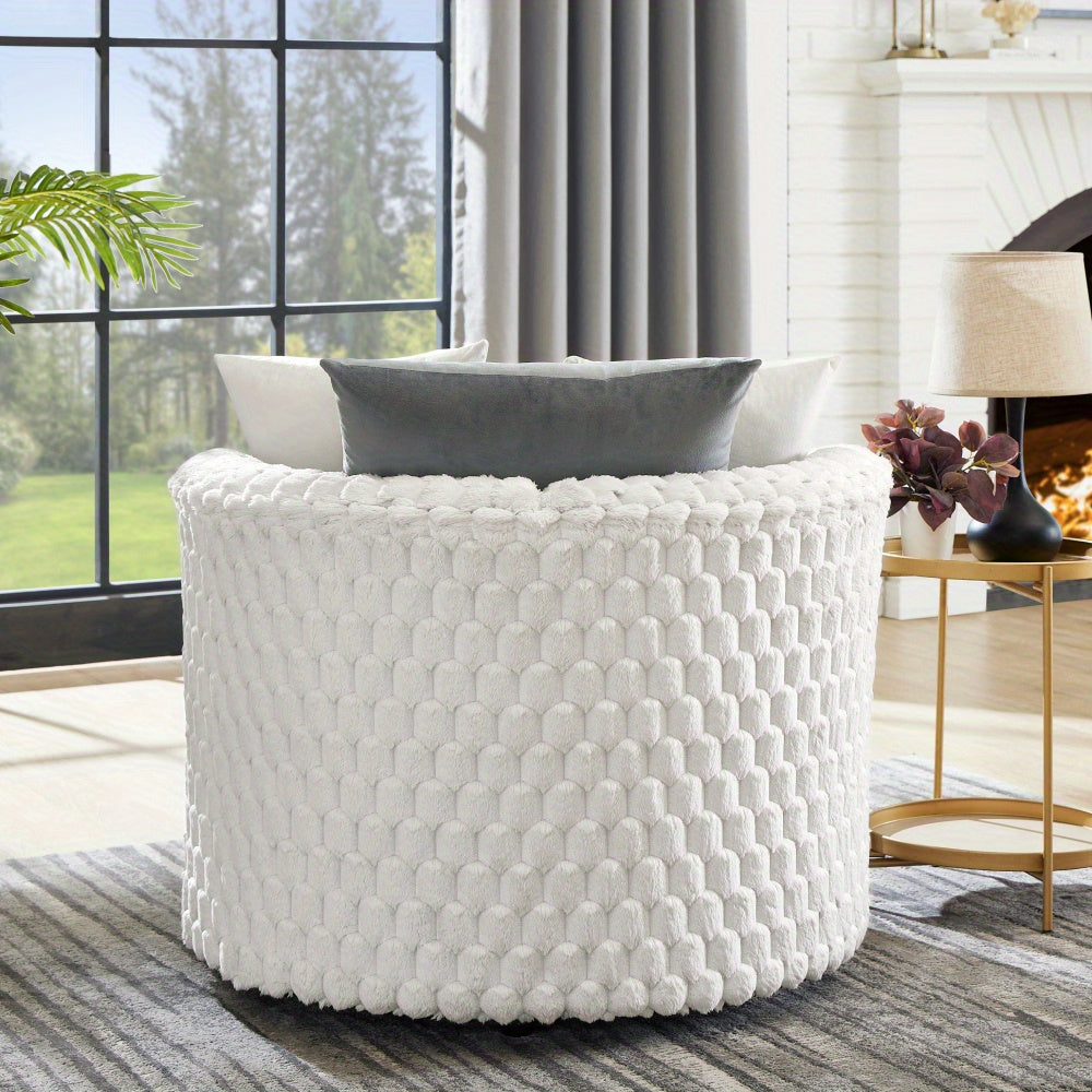 Plush 3D Upholstered Barrel Accent Chair with Wheels, Off-white