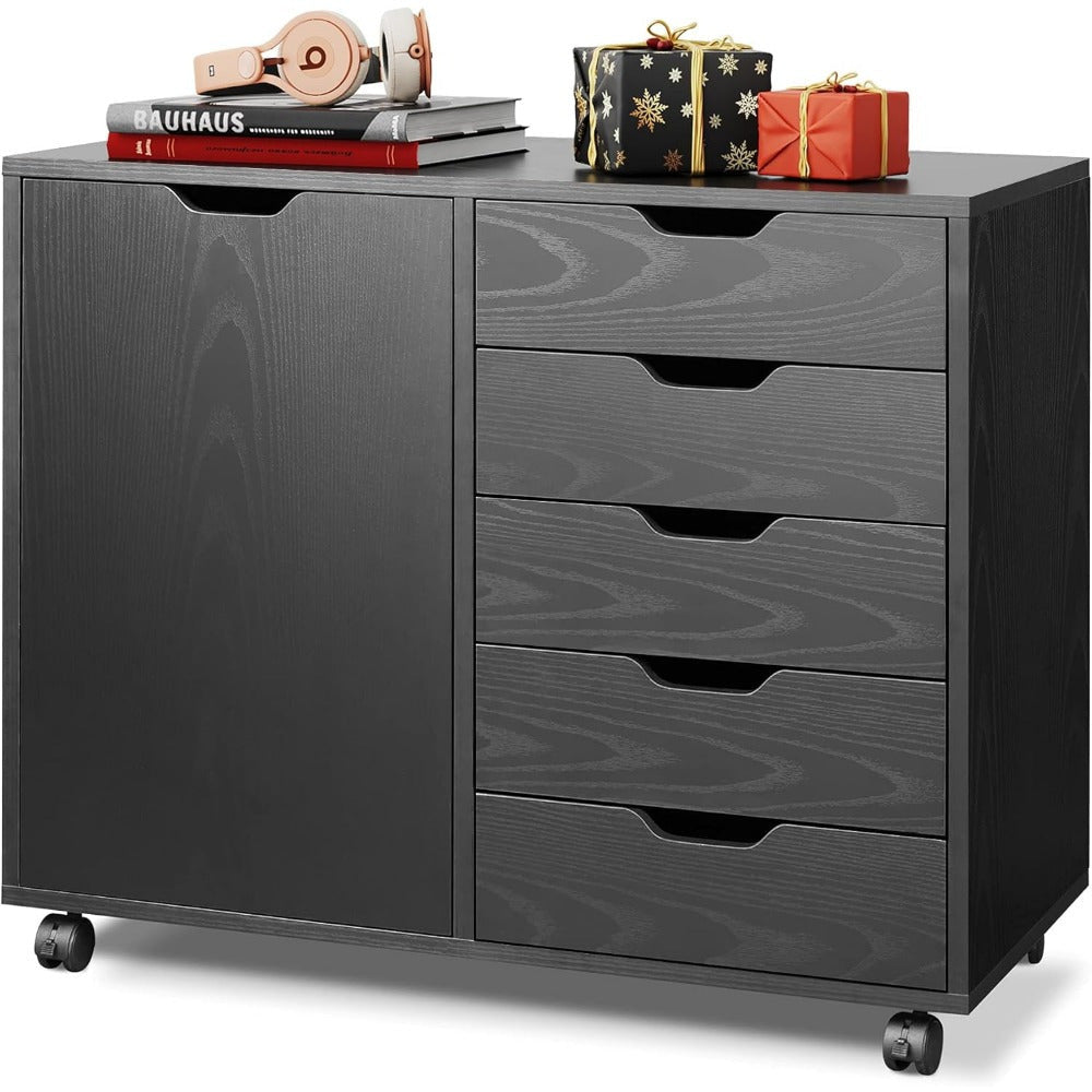 5-Drawer Wood Dresser Chest with Door Mobile Storage Cabinet Printer Stand for Home Office - Black - Dresser Westberry