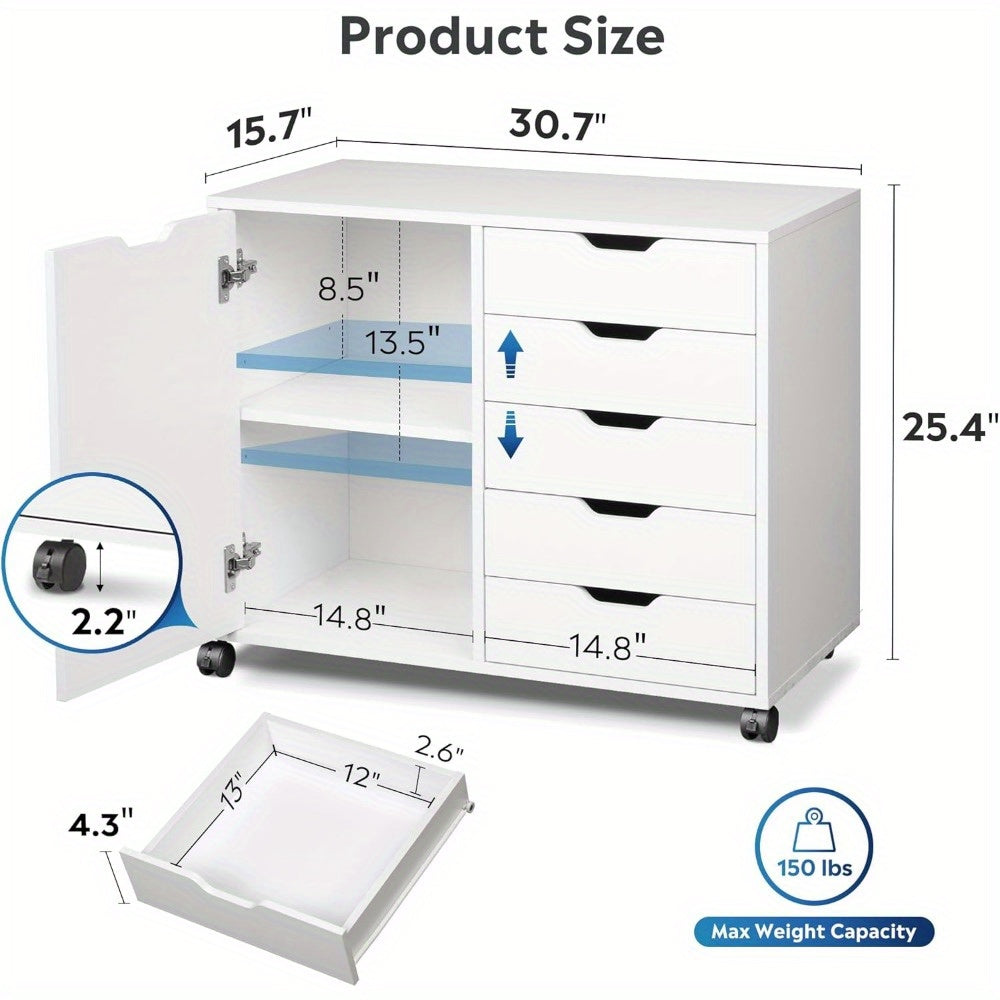 5-Drawer Wood Dresser Chest with Door Mobile Storage Cabinet Printer Stand for Home Office - Dresser Westberry Furniture