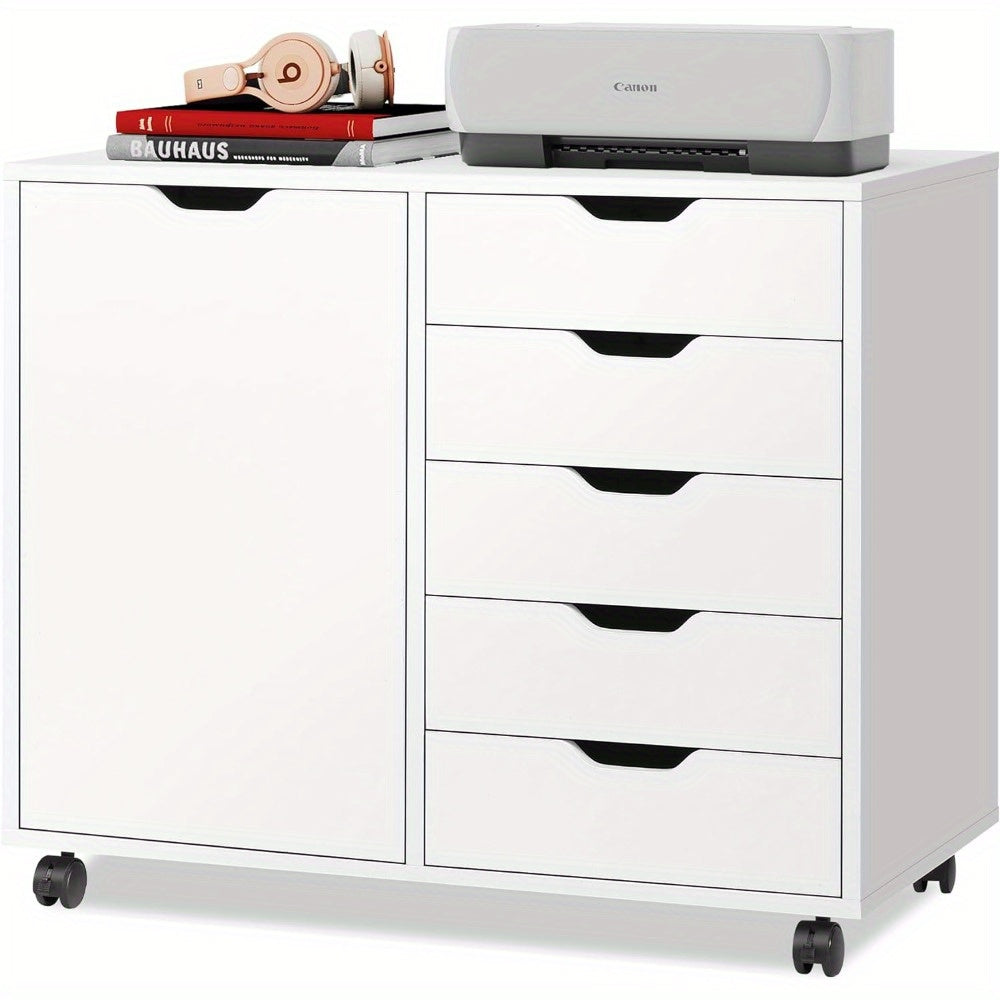 5-Drawer Wood Dresser Chest with Door Mobile Storage Cabinet Printer Stand for Home Office - White - Dresser Westberry