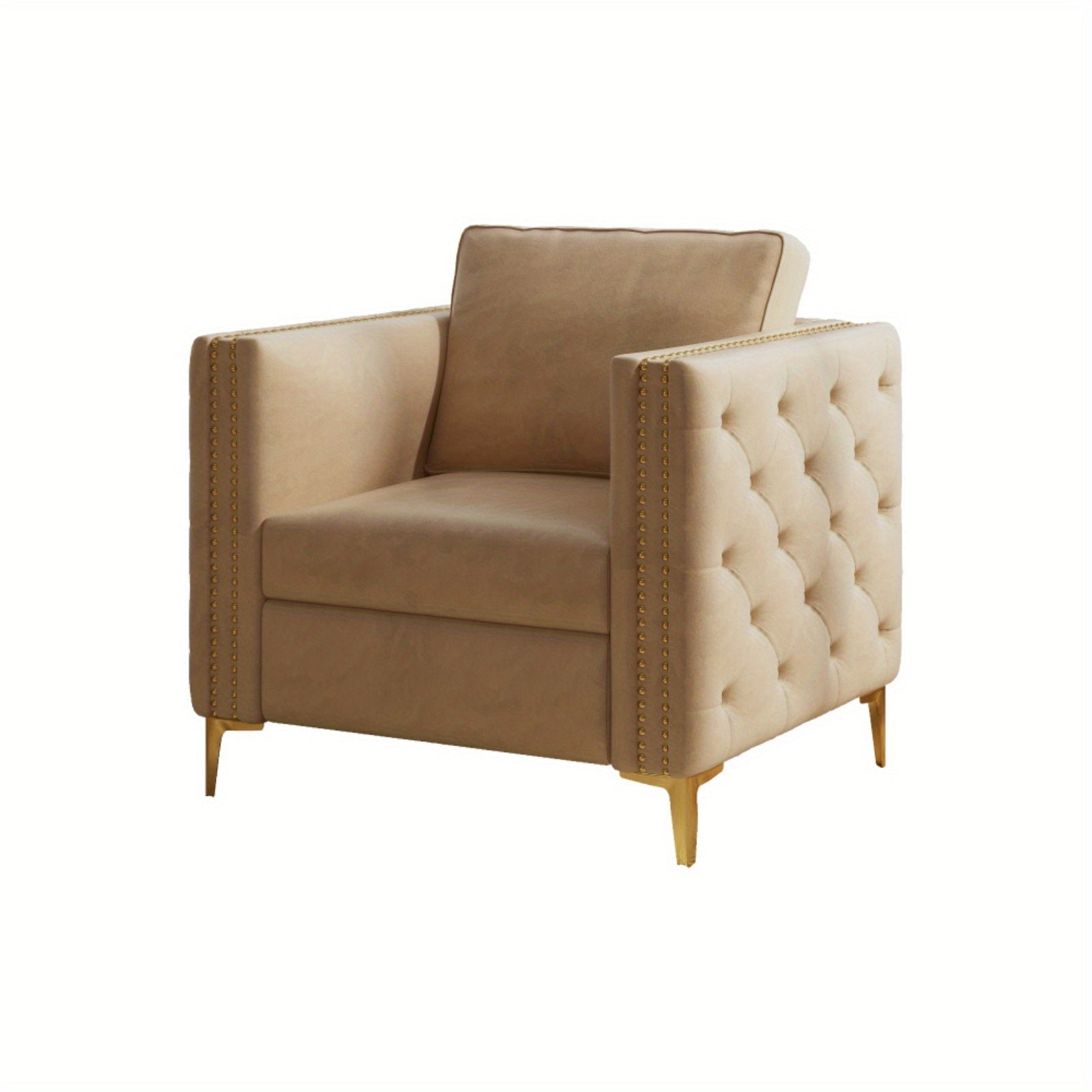 Elegant Champagne Velvet Accent Chair with Golden Metal Legs - Quilted Upholstery, Removable Cushion, Ergonomic Design for Living Room or Bedroom, Stylish Seating Option|Modern Accent Furniture|Plush Cushi