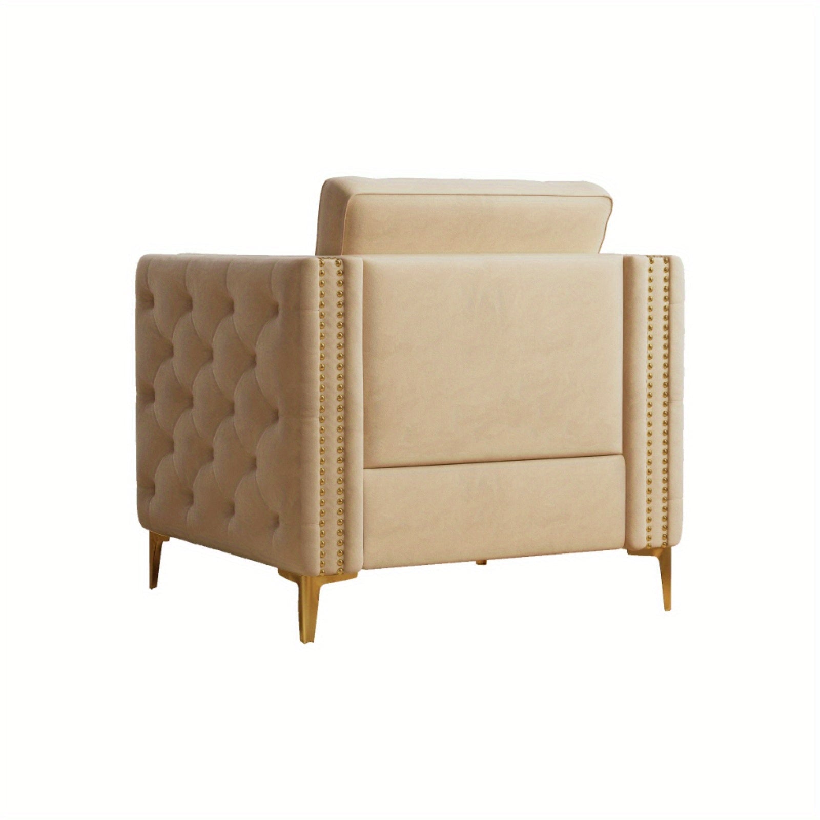 Elegant Champagne Velvet Accent Chair with Golden Metal Legs - Quilted Upholstery, Removable Cushion, Ergonomic Design for Living Room or Bedroom, Stylish Seating Option|Modern Accent Furniture|Plush Cushi