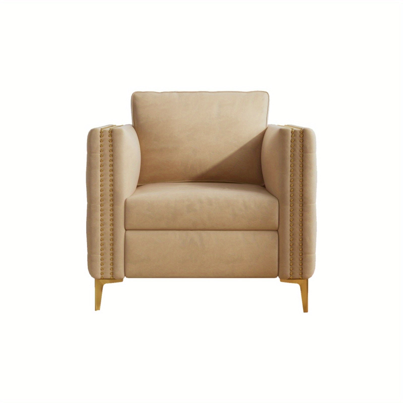 Elegant Champagne Velvet Accent Chair with Golden Metal Legs - Quilted Upholstery, Removable Cushion, Ergonomic Design for Living Room or Bedroom, Stylish Seating Option|Modern Accent Furniture|Plush Cushi